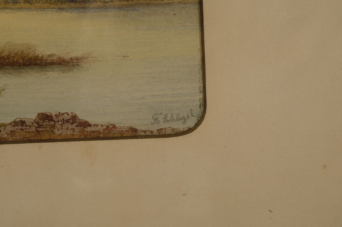 Detail a: Friedrich August Schlegel, 1828 Heidersdorf-1895 Dresden, Weite Moorlandschaft in den Voralpen, mittig ein Fischer in seinem Kahn, Aquarell auf ...