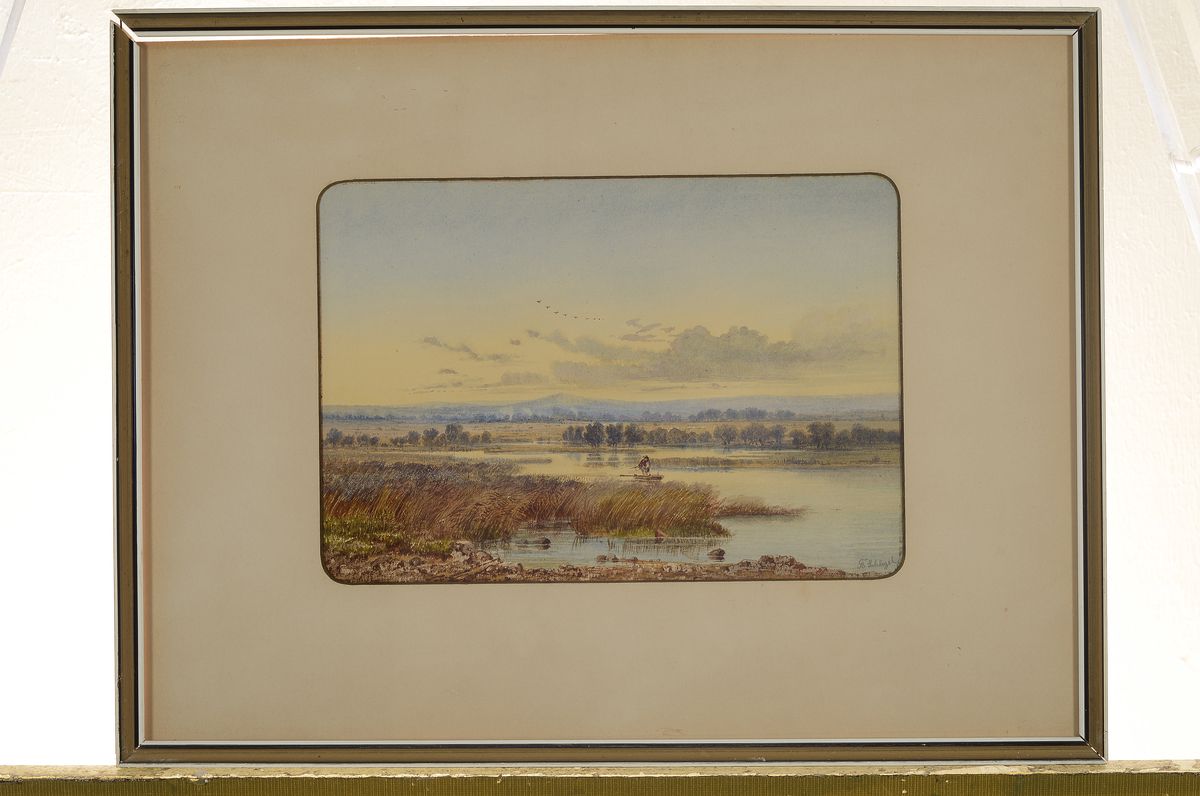 Detail k: Friedrich August Schlegel, 1828 Heidersdorf-1895 Dresden, Weite Moorlandschaft in den Voralpen, mittig ein Fischer in seinem Kahn, Aquarell auf ...