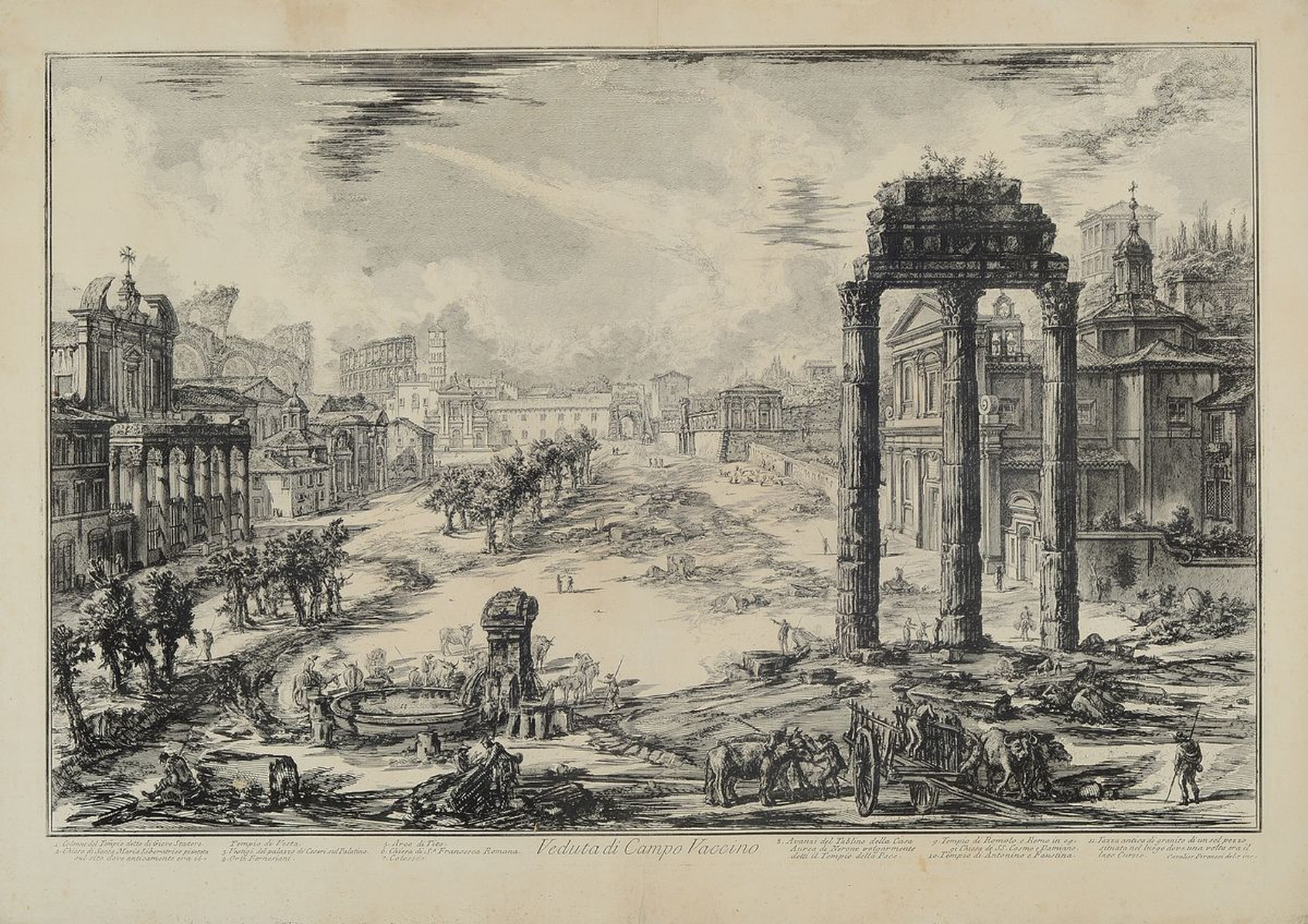 Giovanni Battista Piranesi, 1720-1778, Veduta di Campo Vaccina, Kupferstich, betitelt und mit Beschreibung, leicht fleckig und gebräunt, ...