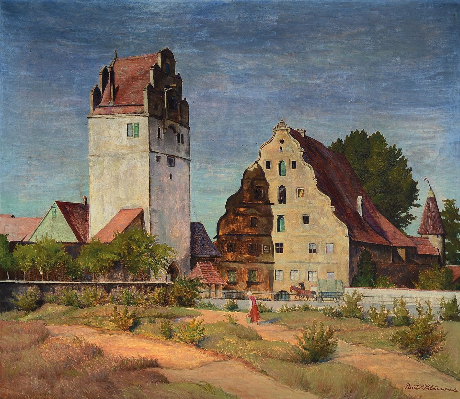 Paul Blume, 1900 - 1980 Mannheim, süddeutscher Maler, großformatige Ansicht der Stadtmühle Dinkelsbühl, verso auf Keilrahmen bez., rechts unten ...