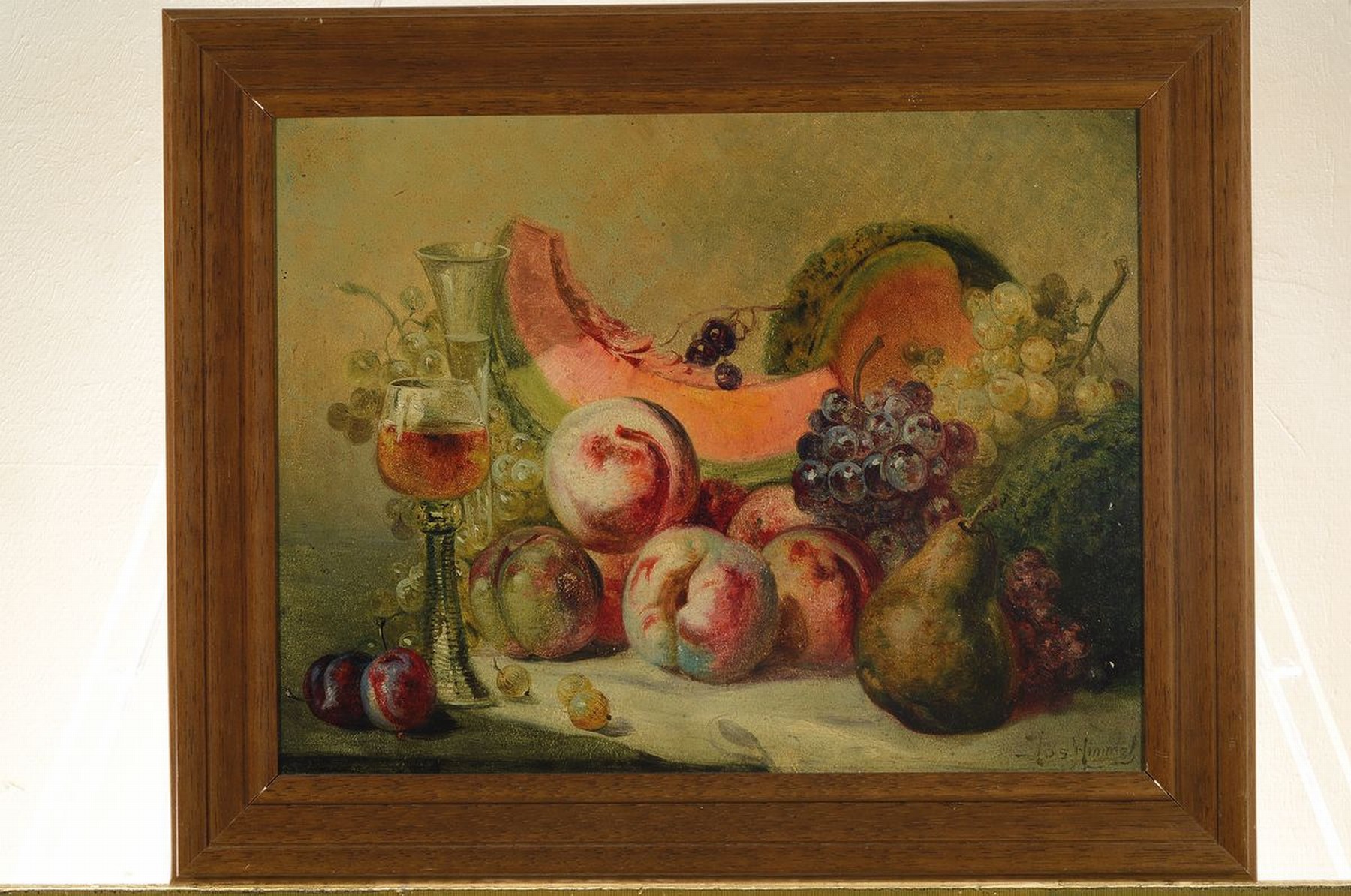 Detail k: Josef Himmel, 1869 Karlsruhe - 1941, Früchtestillleben mit Pfirsischen, Melone, Trauben u. weiteren Früchten, rechts unten signiert, Öl/Karton, ...