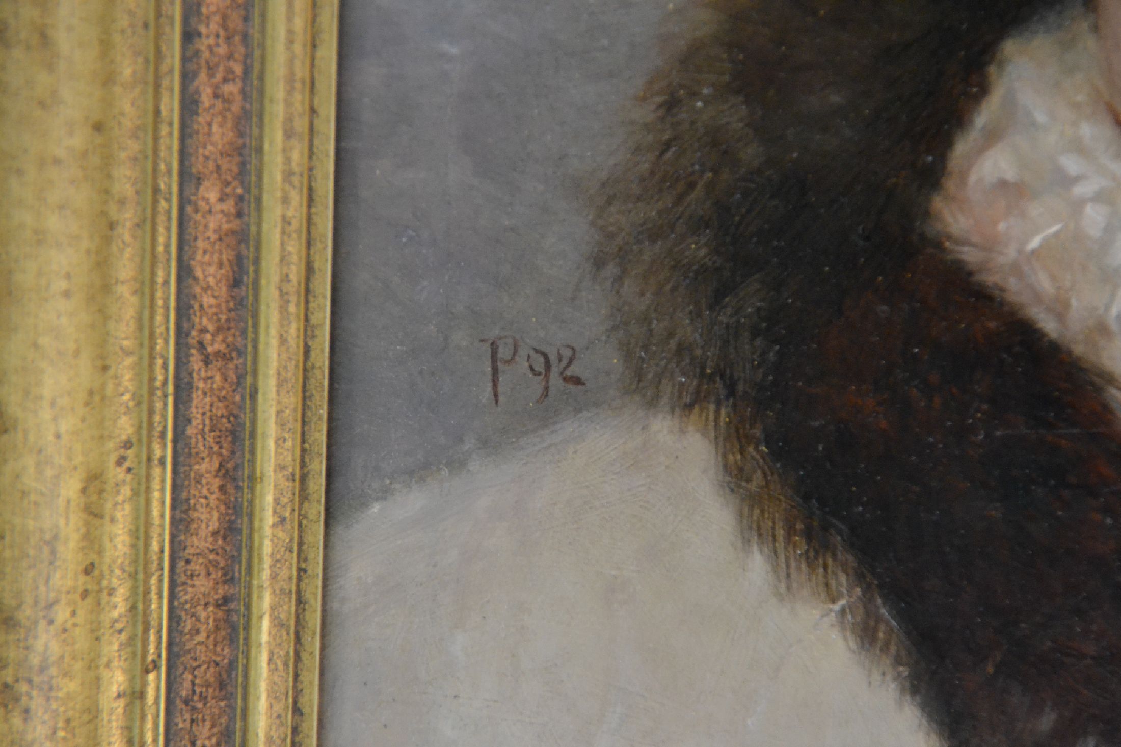 Detail c: Monogrammist P, datiert (18)92, Porträt einer jungen Frau mit Pelz verbrämtem Kragen, Öl/Holz, seitlich links monogr. und dat., qualitätvolle ...
