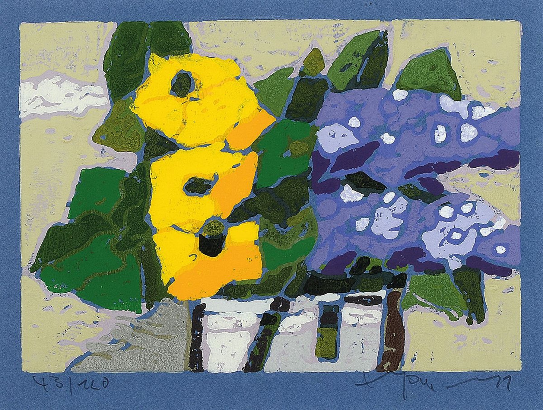 Klaus Fußmann, geb. 1938 Velbert, Sumpfdotterblumen und Flieder, Farblinolschnitt auf blauem Papier, handsigniert und num. 43/120, ca. 21x30cm, ...