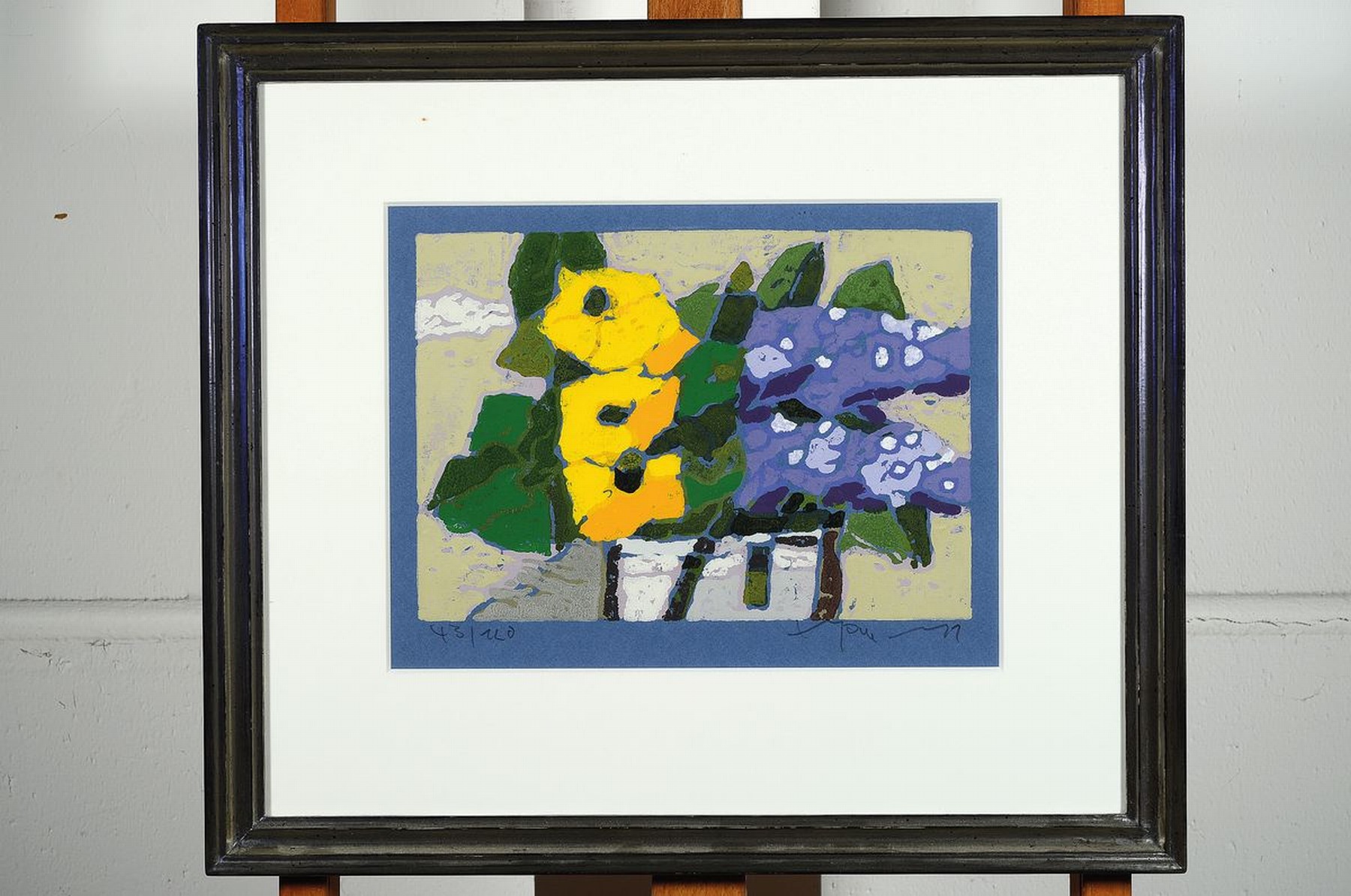 Detail k: Klaus Fußmann, geb. 1938 Velbert, Sumpfdotterblumen und Flieder, Farblinolschnitt auf blauem Papier, handsigniert und num. 43/120, ca. 21x30cm, ...