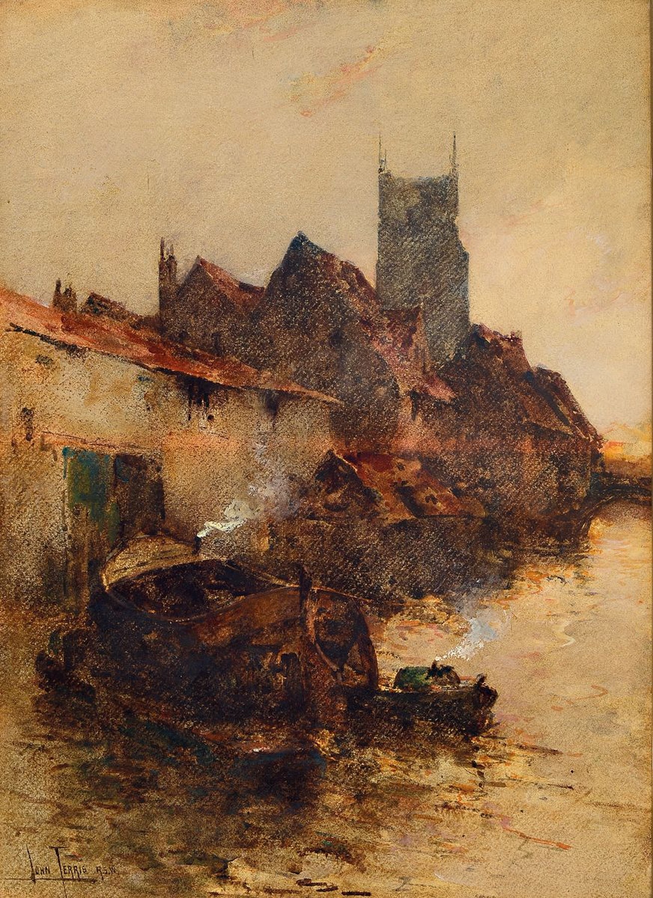 John Terris, 1865-1914 Glasgow, Lit. vgl. Thieme-Becker, Studium an der Birmingham School of Landscape Painting, hier: Häuser an der Küste, ...