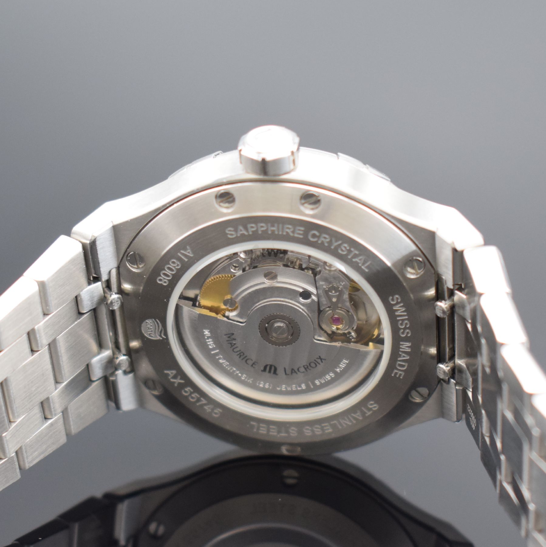 Detail e: MAURICE LACROIX Herrenarmbanduhr AIKON in Edelstahl Referenz AI 6008, Automatik, beids. vergl., Boden 7-fach verschr., verschr. Krone, Gliederband m. ...