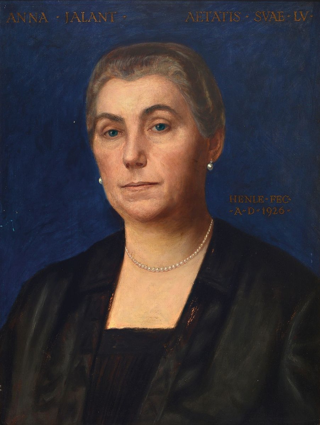 F. Henle, datiert 1926, Paar Porträts des Ehepaars Jalant, auf blauem Grund, in gold bez.: signiert und dat., am oberen Rand die Namen der ...