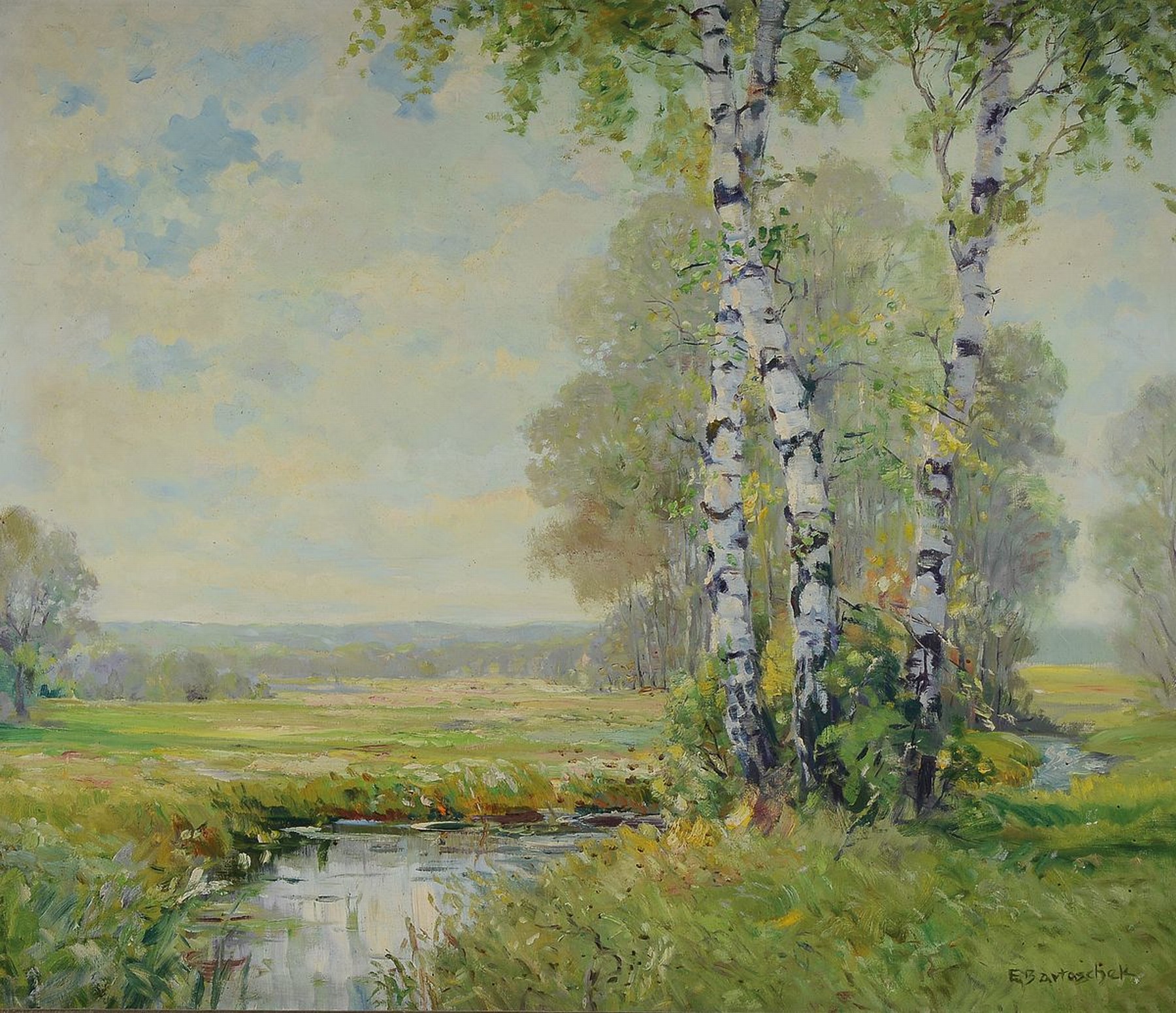 Emil Bartoschek, 1899 Czukow/Oberschlesien - 1969 Waldbrunn, Meisterschüler von Otto Müller Breslau, Sommerliche Wiesenlandschaft mit Bach und ...