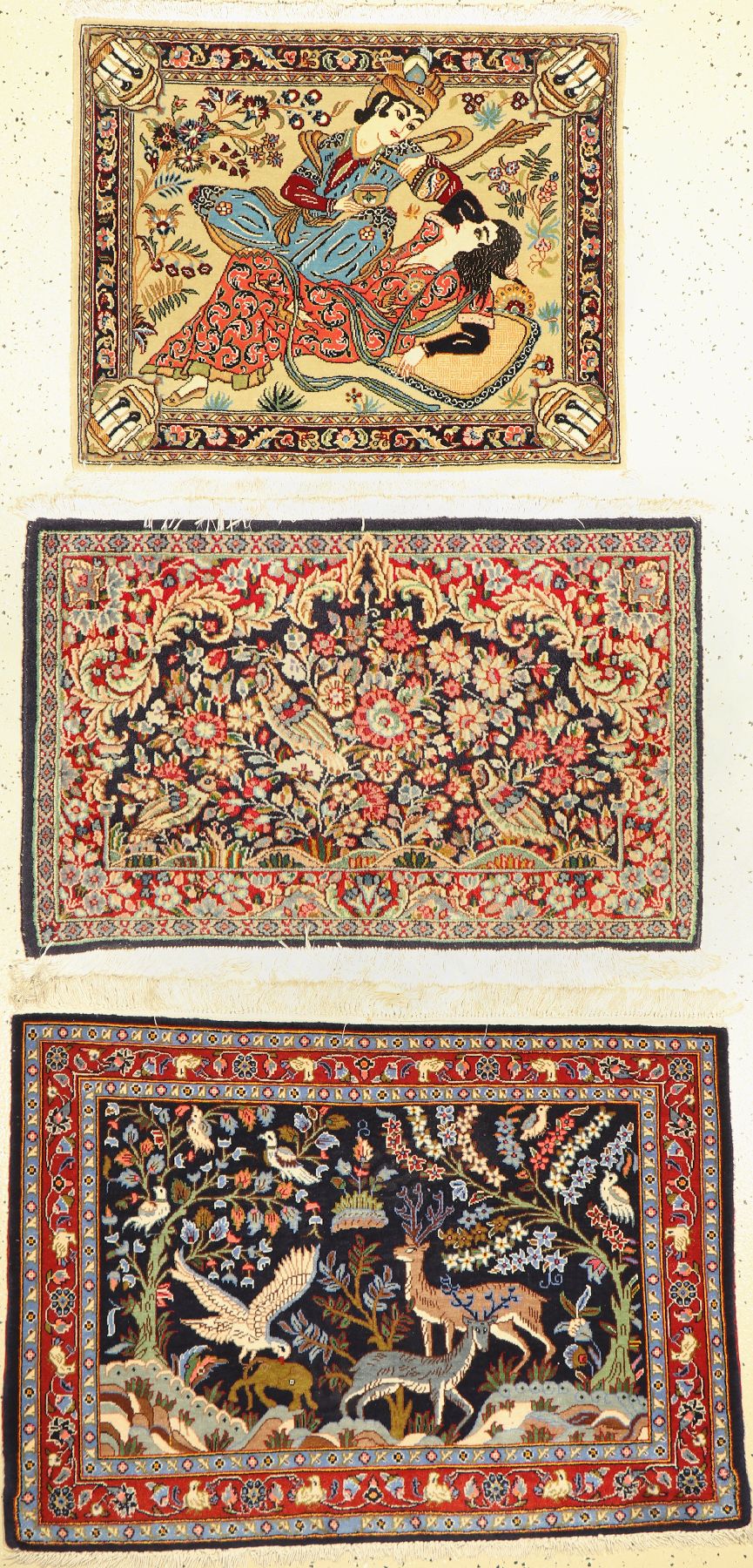 Konvolut aus 3 Lots, Keschan fein, 50 Jahre, Korkwolle, ca. 100 x 72 cm, EHZ: 2, Ghom Kork , 50 Jahre , Korkwolle mit Seide, ca. 76 x 62 cm, EHZ: 2, ...