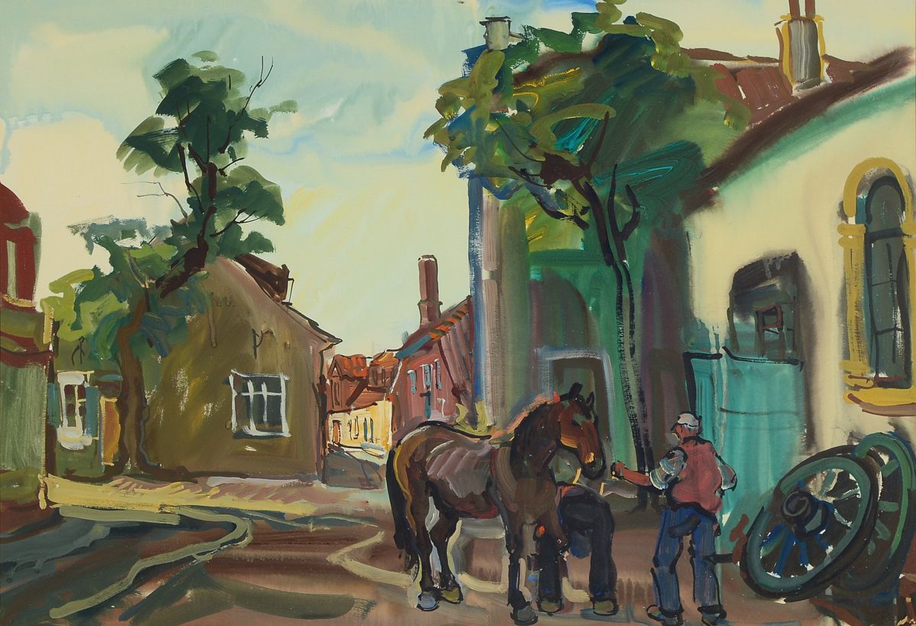 Emil Rizek, 1901 - 1988 Wien, Studium an der Akademie Wien bei Anton Hlavacek, umfangreiche Studienreisen, hier: Ansicht eines Hufschmiedes bei der ...