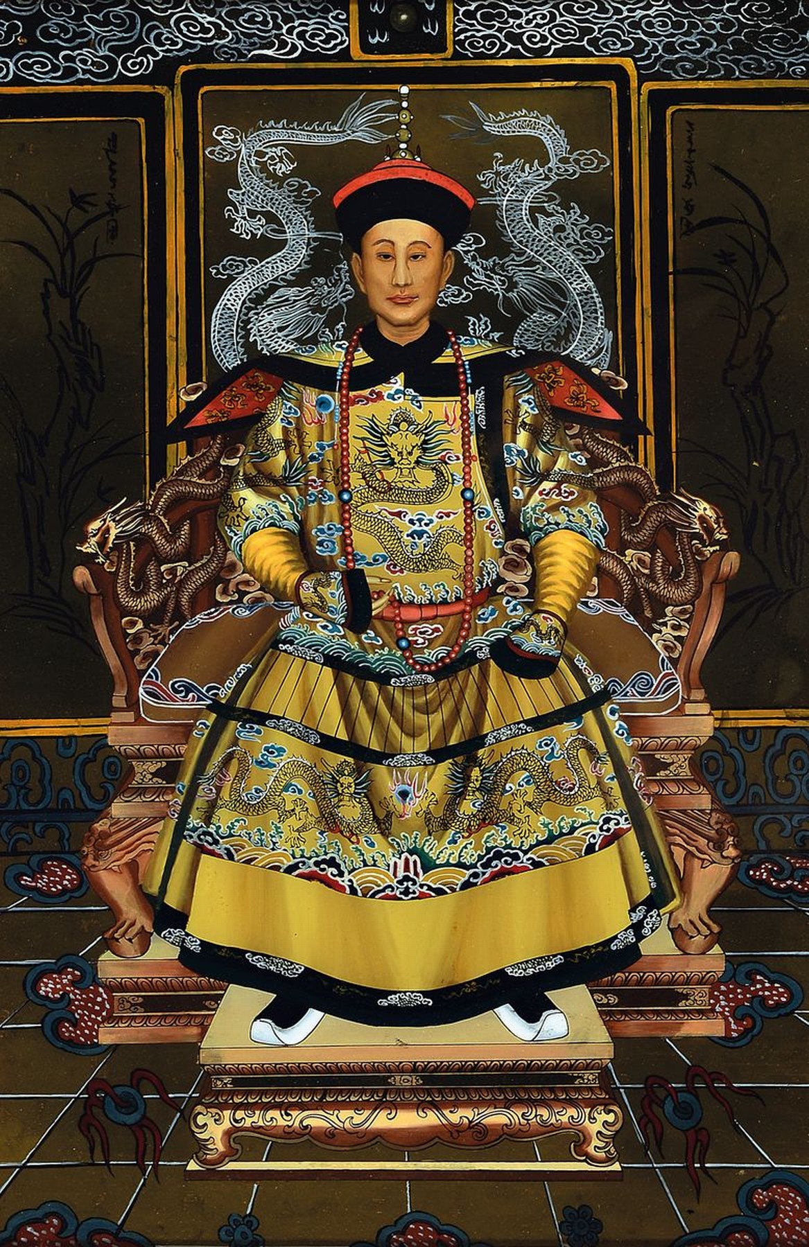 Paar Hinterglasmalereien, China, 20.Jh., Kaiser und Kaiserin in vollem Ornat, gerahmt, Alterssp., je ca. 66x48 cm