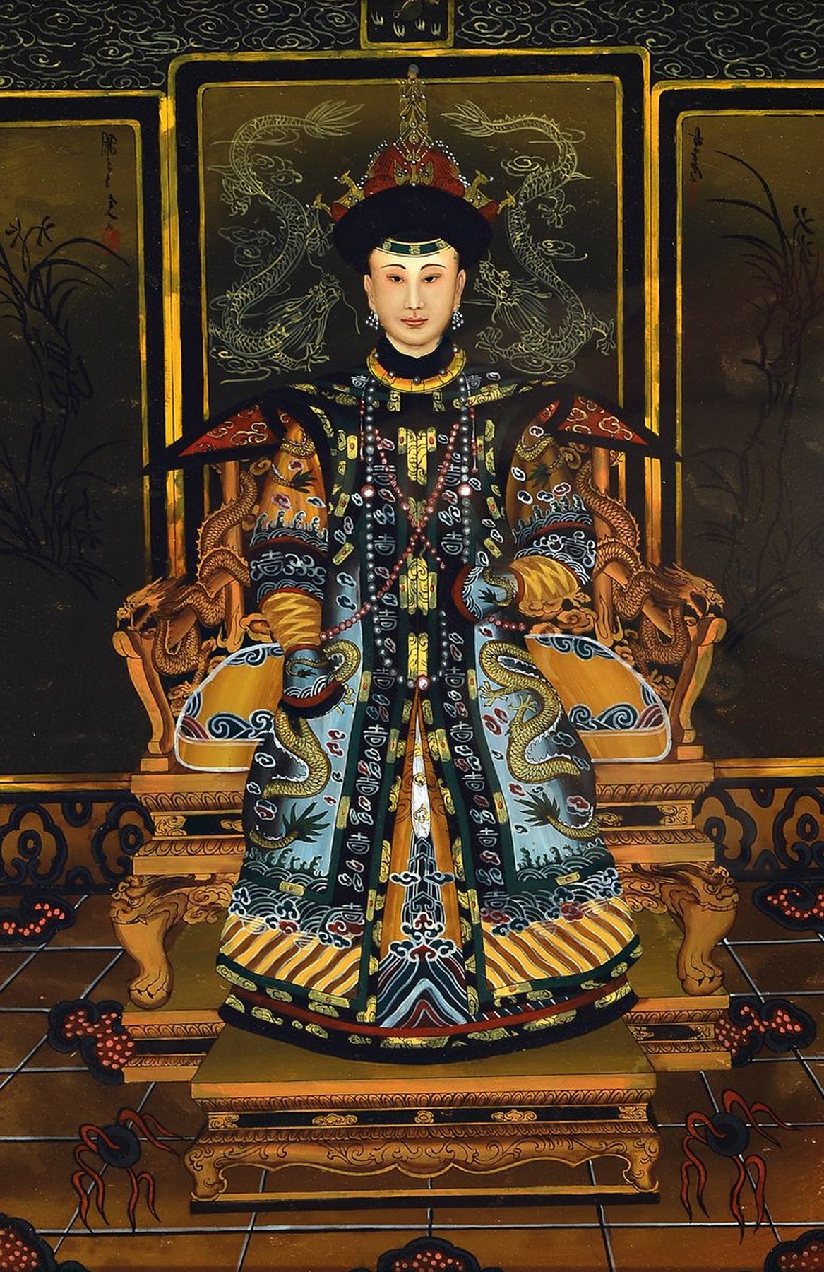 Detail a: Paar Hinterglasmalereien, China, 20.Jh., Kaiser und Kaiserin in vollem Ornat, gerahmt, Alterssp., je ca. 66x48 cm