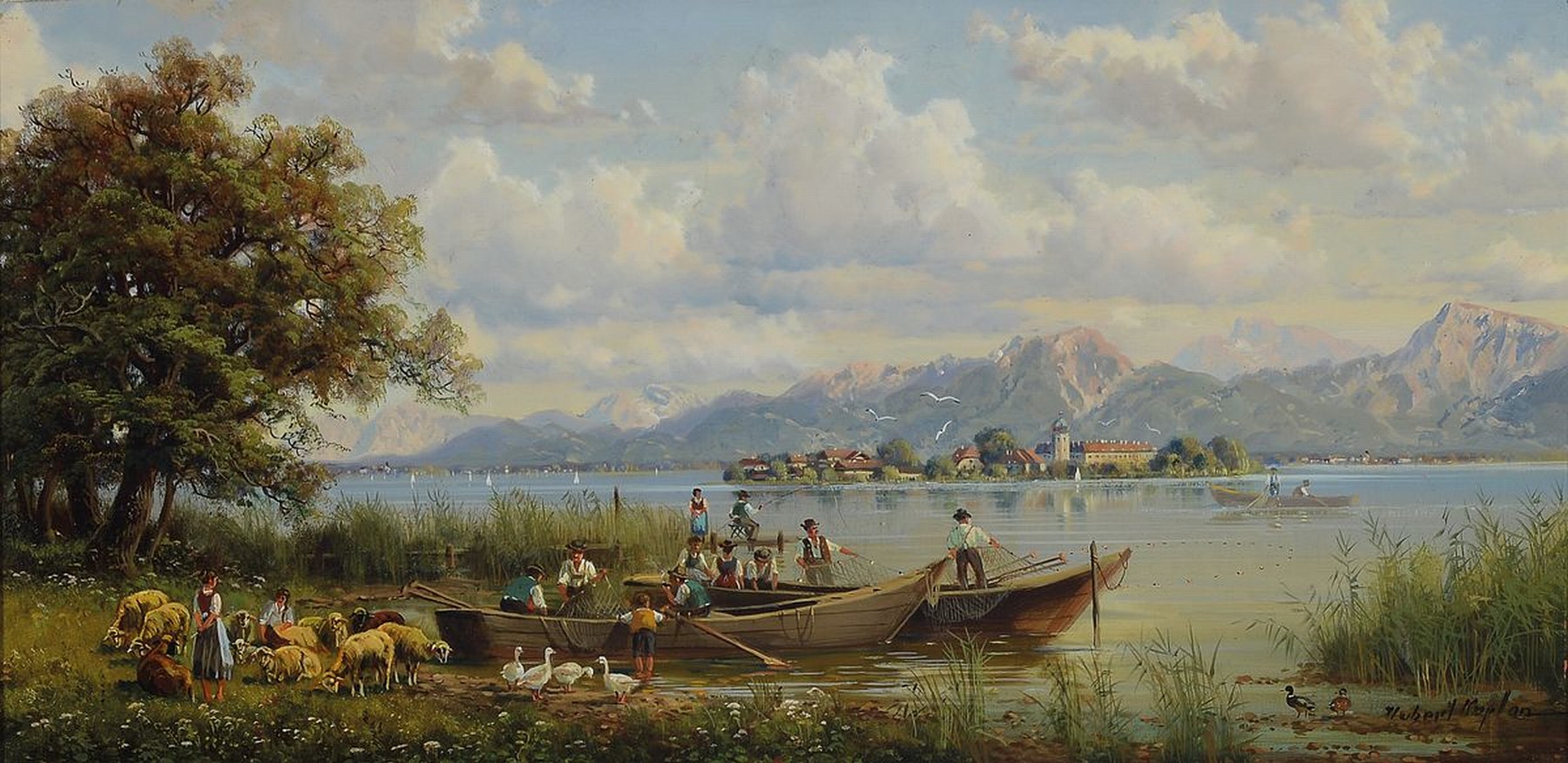Hubert Kaplan, geb. 1940 München, Chiemsee-Fischer, Öl/Holz, rechts unten signiert, ca. 15x35cm, R. ca. 29x44cm