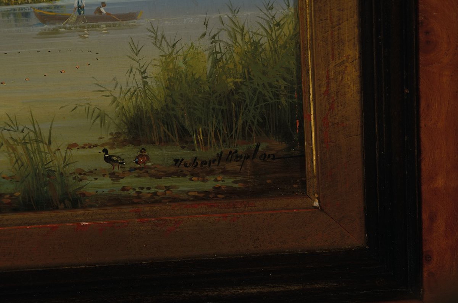 Detail a: Hubert Kaplan, geb. 1940 München, Chiemsee-Fischer, Öl/Holz, rechts unten signiert, ca. 15x35cm, R. ca. 29x44cm