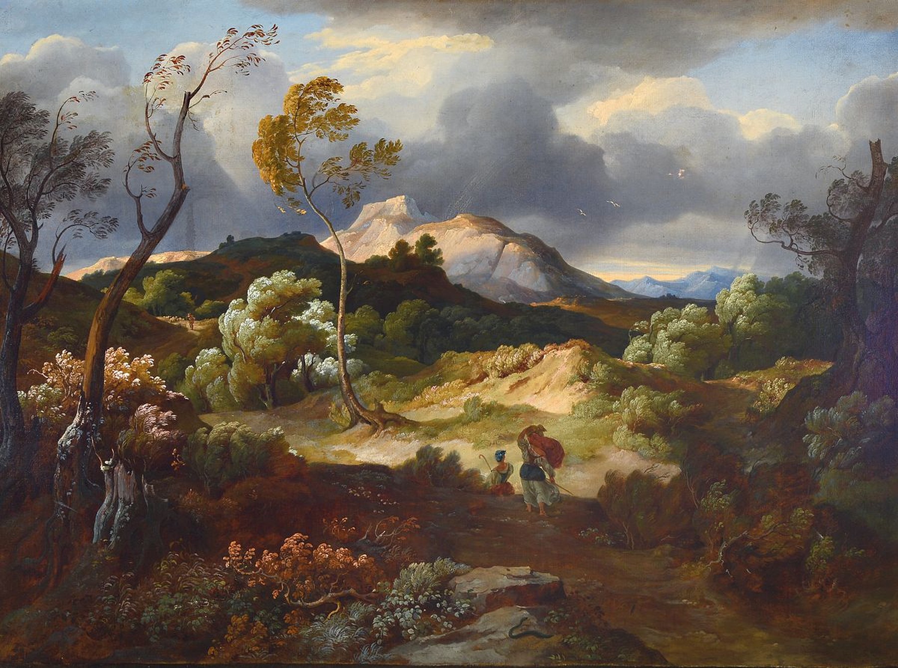 Zuschreibung: Friedrich Preller d.J., 1838 Weimar-1901 Blasewitz bei Dresden, Weite romantische Landschaft mit zwei Bäuerinnen, Bäume wiegen sich ...
