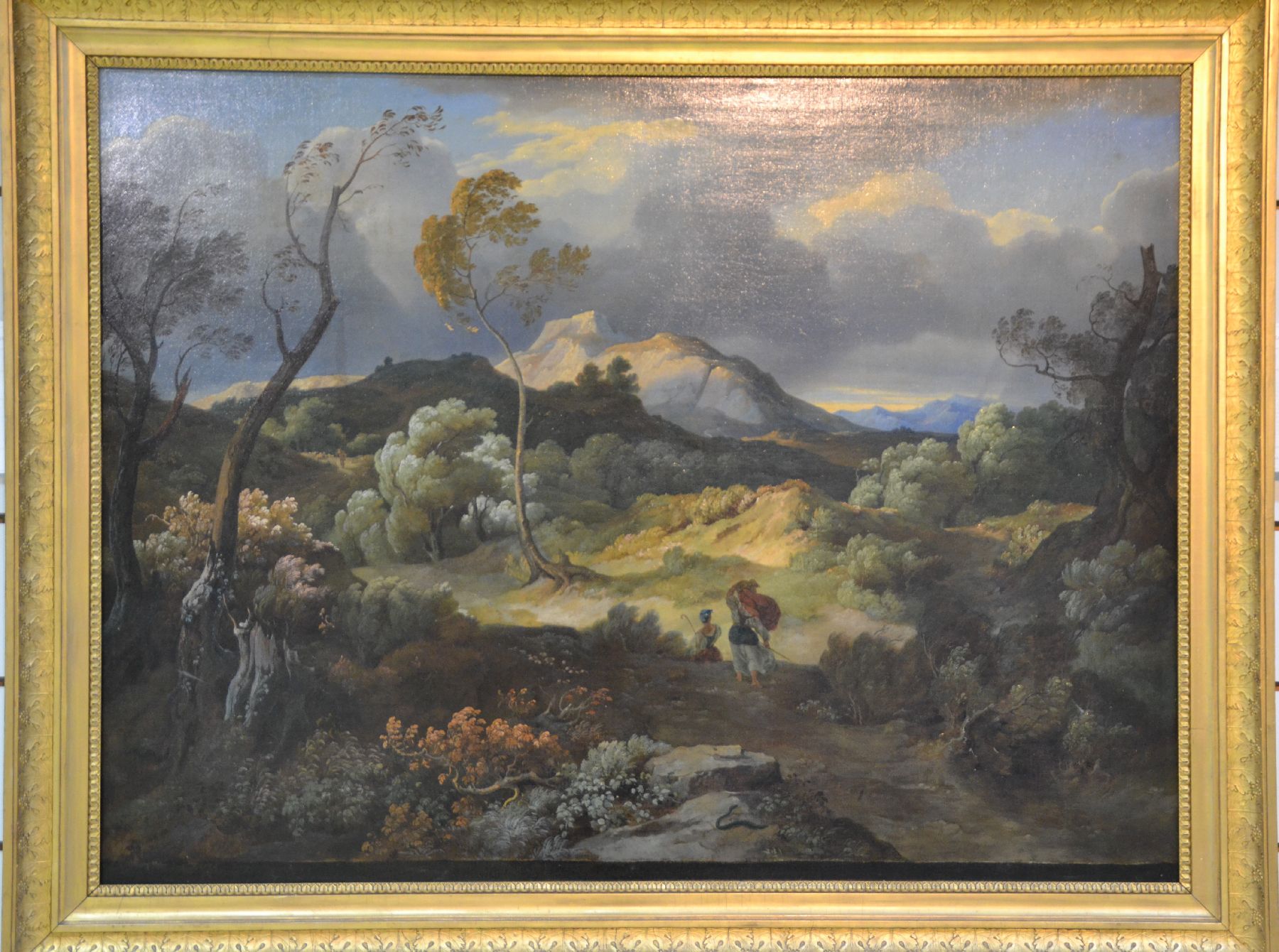 Detail c: Zuschreibung: Friedrich Preller d.J., 1838 Weimar-1901 Blasewitz bei Dresden, Weite romantische Landschaft mit zwei Bäuerinnen, Bäume wiegen sich ...