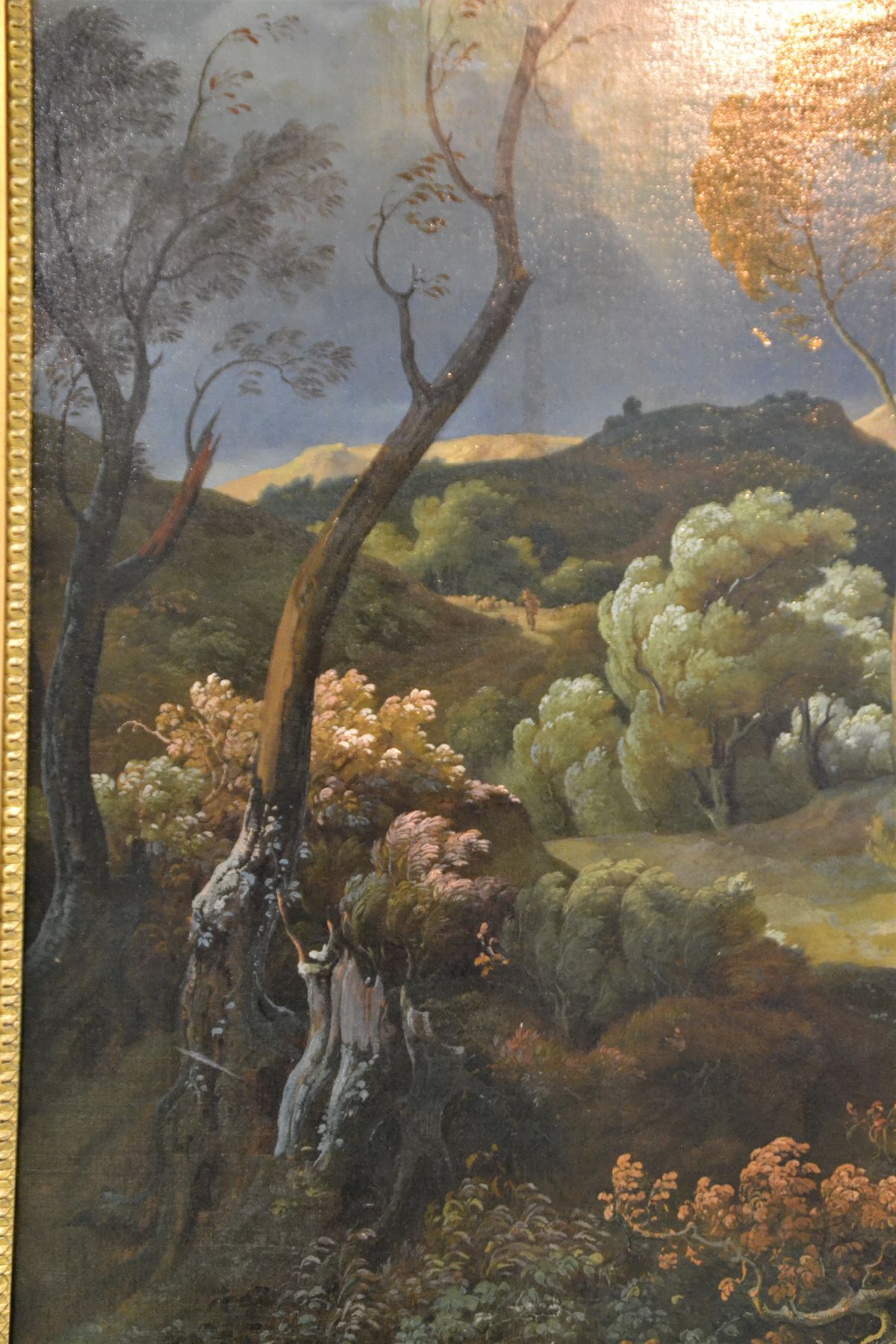 Detail d: Zuschreibung: Friedrich Preller d.J., 1838 Weimar-1901 Blasewitz bei Dresden, Weite romantische Landschaft mit zwei Bäuerinnen, Bäume wiegen sich ...