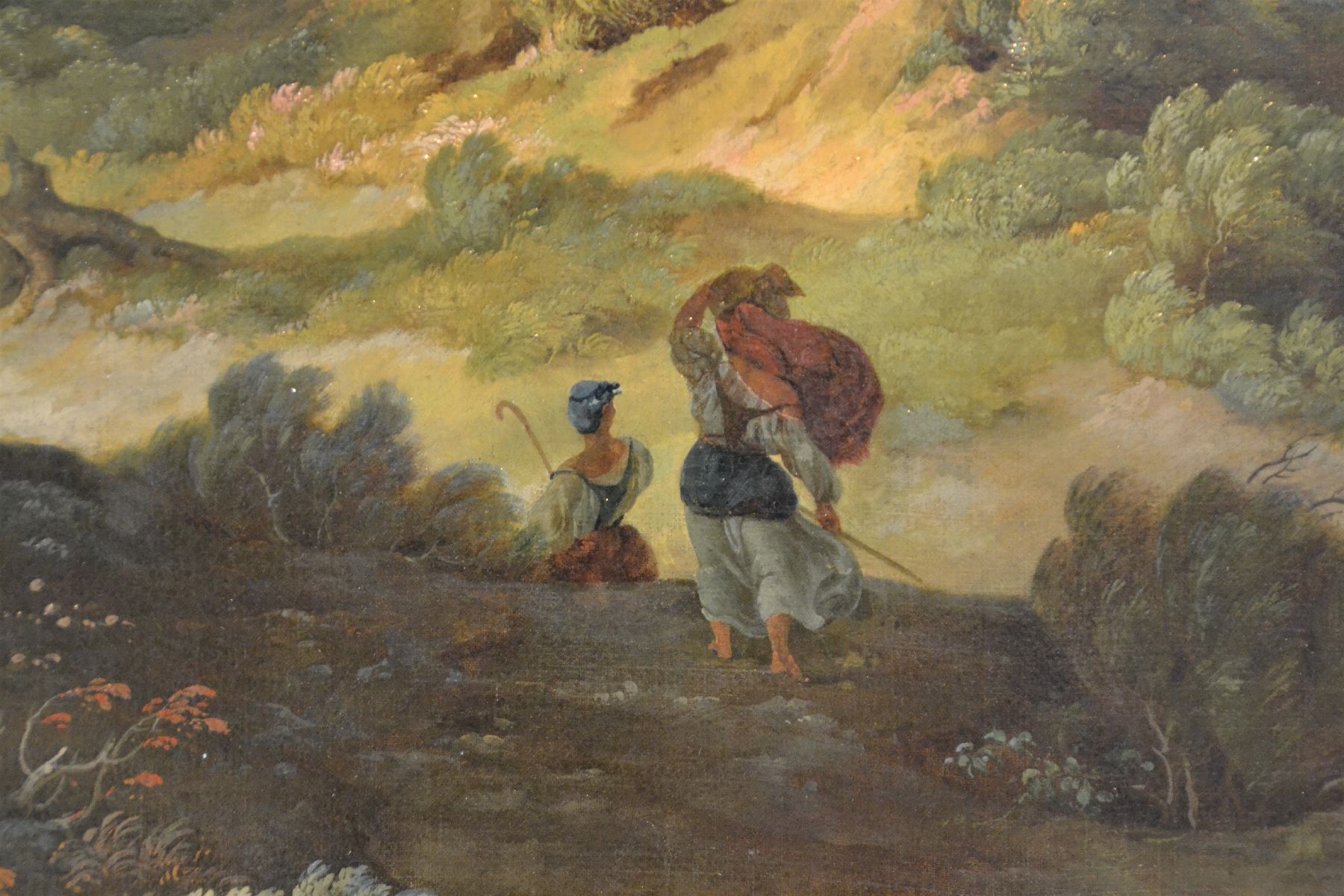 Detail e: Zuschreibung: Friedrich Preller d.J., 1838 Weimar-1901 Blasewitz bei Dresden, Weite romantische Landschaft mit zwei Bäuerinnen, Bäume wiegen sich ...