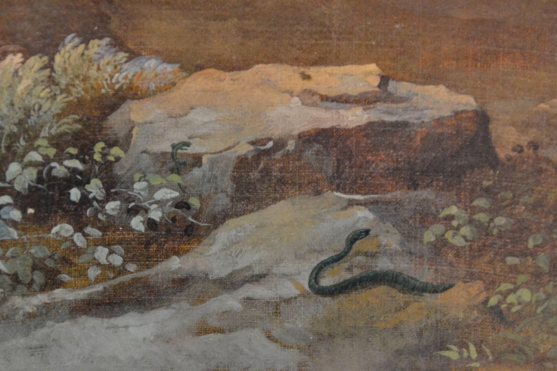 Detail f: Zuschreibung: Friedrich Preller d.J., 1838 Weimar-1901 Blasewitz bei Dresden, Weite romantische Landschaft mit zwei Bäuerinnen, Bäume wiegen sich ...