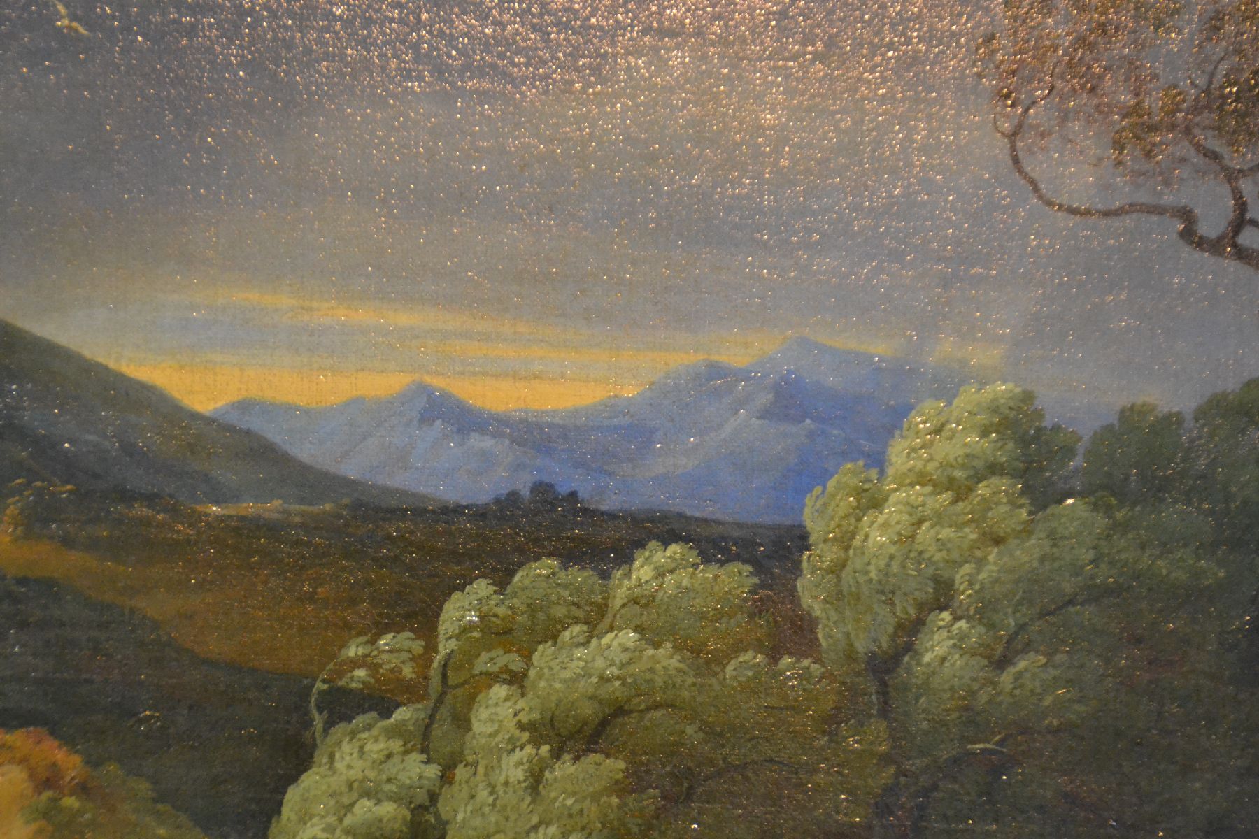 Detail g: Zuschreibung: Friedrich Preller d.J., 1838 Weimar-1901 Blasewitz bei Dresden, Weite romantische Landschaft mit zwei Bäuerinnen, Bäume wiegen sich ...