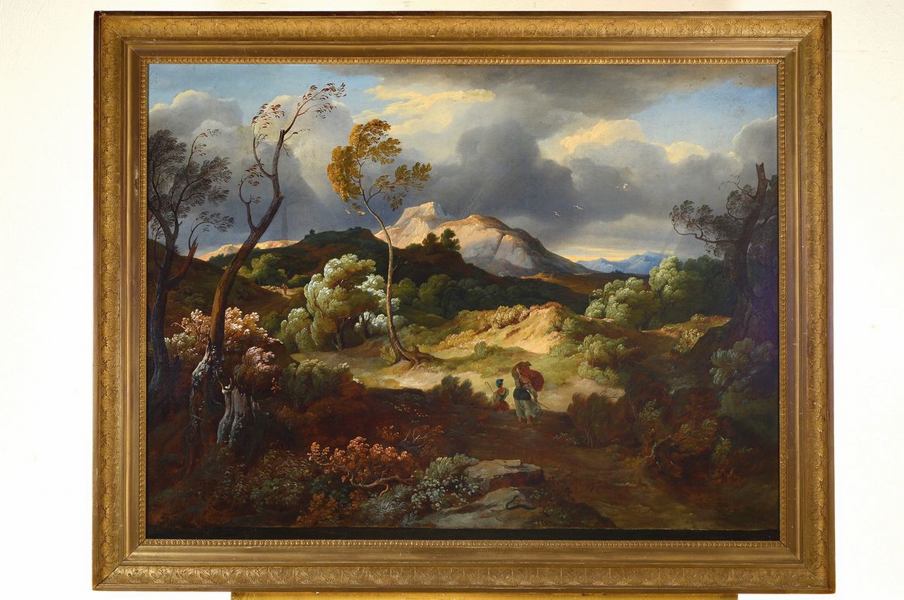 Detail k: Zuschreibung: Friedrich Preller d.J., 1838 Weimar-1901 Blasewitz bei Dresden, Weite romantische Landschaft mit zwei Bäuerinnen, Bäume wiegen sich ...