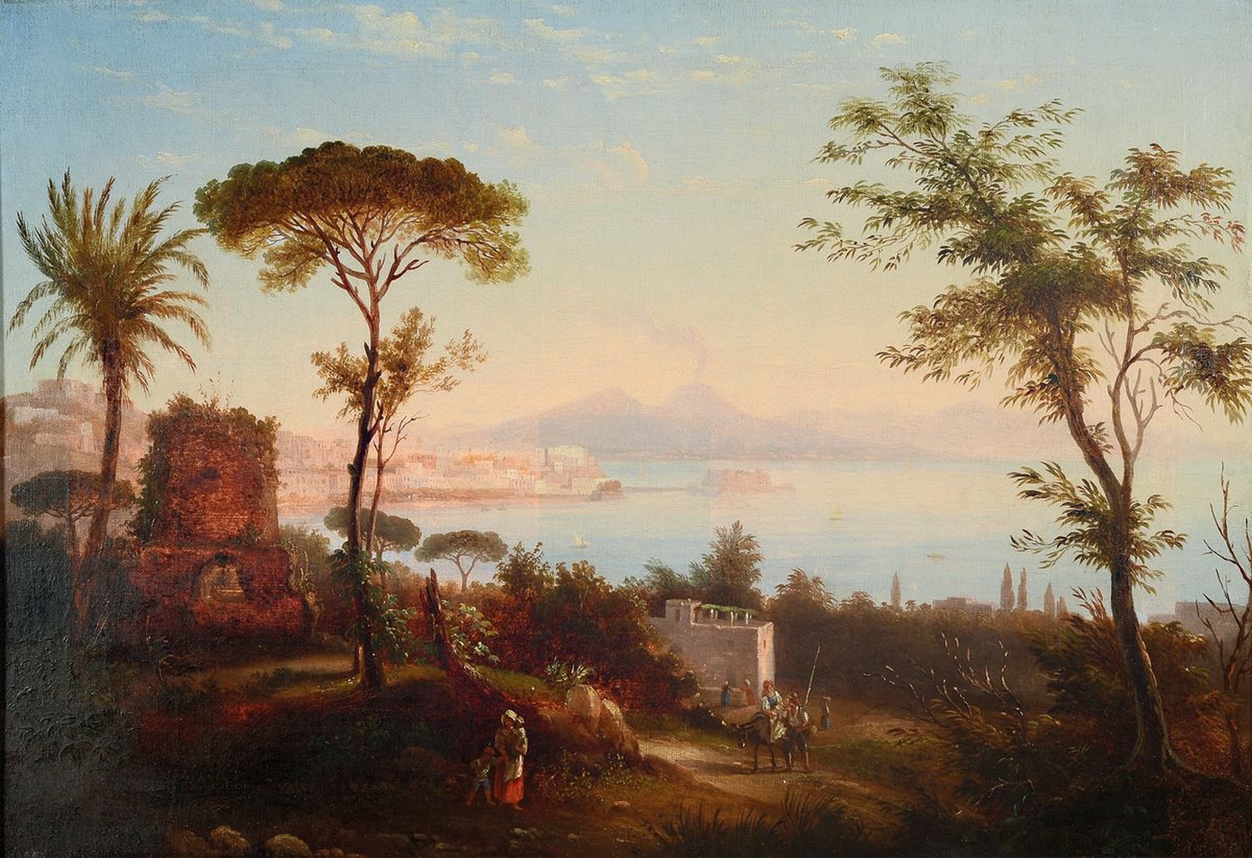 Unbekannter Künstler des 19. Jh., Blick auf die Bucht von Neapel und den rauchenden Vesuv, Öl/Lwd, rückseitig Vermerk: gemalt von Eug. Schild, ...