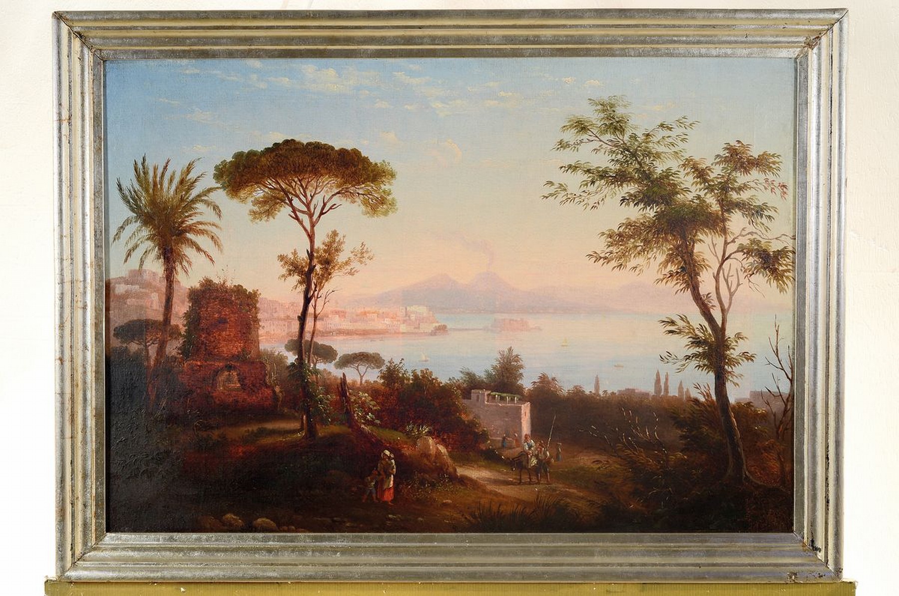 Detail k: Unbekannter Künstler des 19. Jh., Blick auf die Bucht von Neapel und den rauchenden Vesuv, Öl/Lwd, rückseitig Vermerk: gemalt von Eug. Schild, ...