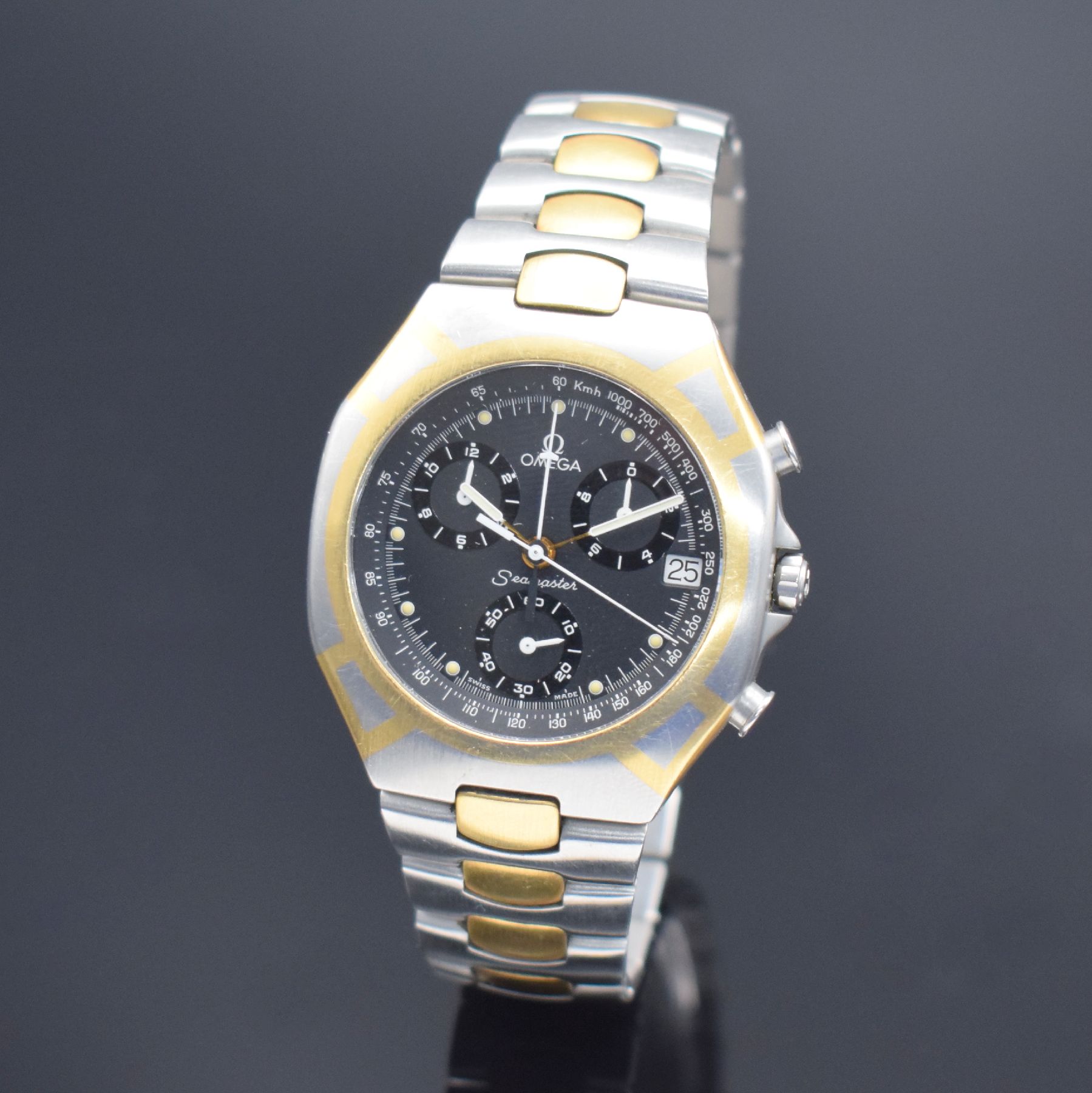 OMEGA Seamaster Polaris Armbandchronograph Referenz 386.1031, Schweiz um 1990, quarz, goldintarsiertes Edelstahlgeh. inkl. z. T. verg. ...