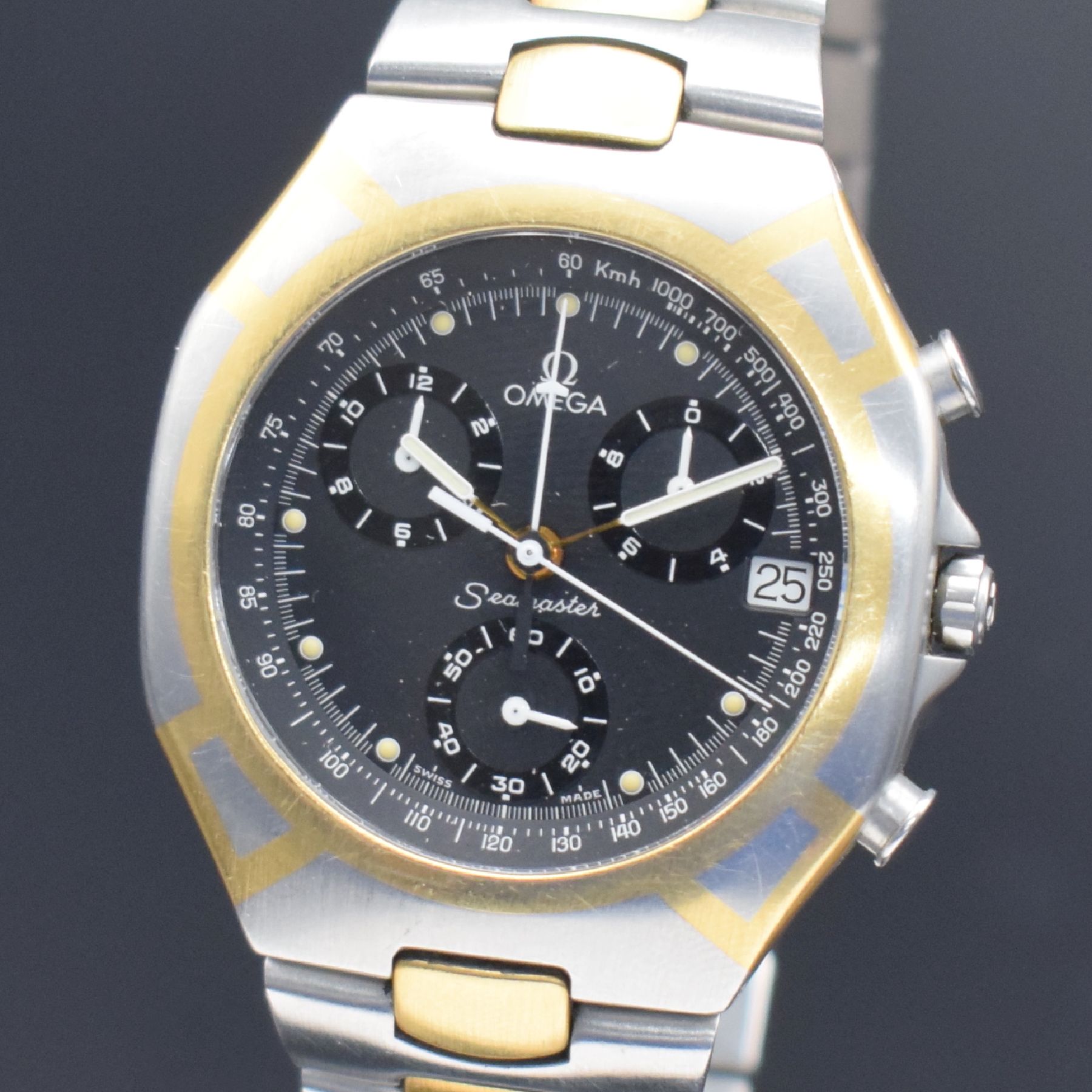 Detail a: OMEGA Seamaster Polaris Armbandchronograph Referenz 386.1031, Schweiz um 1990, quarz, goldintarsiertes Edelstahlgeh. inkl. z. T. verg. ...