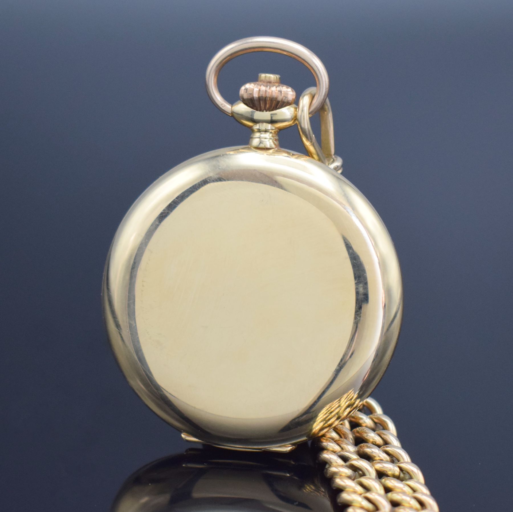 Detail b: Savonette Herrentaschenuhr in GG 585/000 an GG 585/000 Chatelaine, Schweiz um 1930, glattes 3 Deckel Goldgeh., Emailzifferbl. m. arab. Std., verg. ...