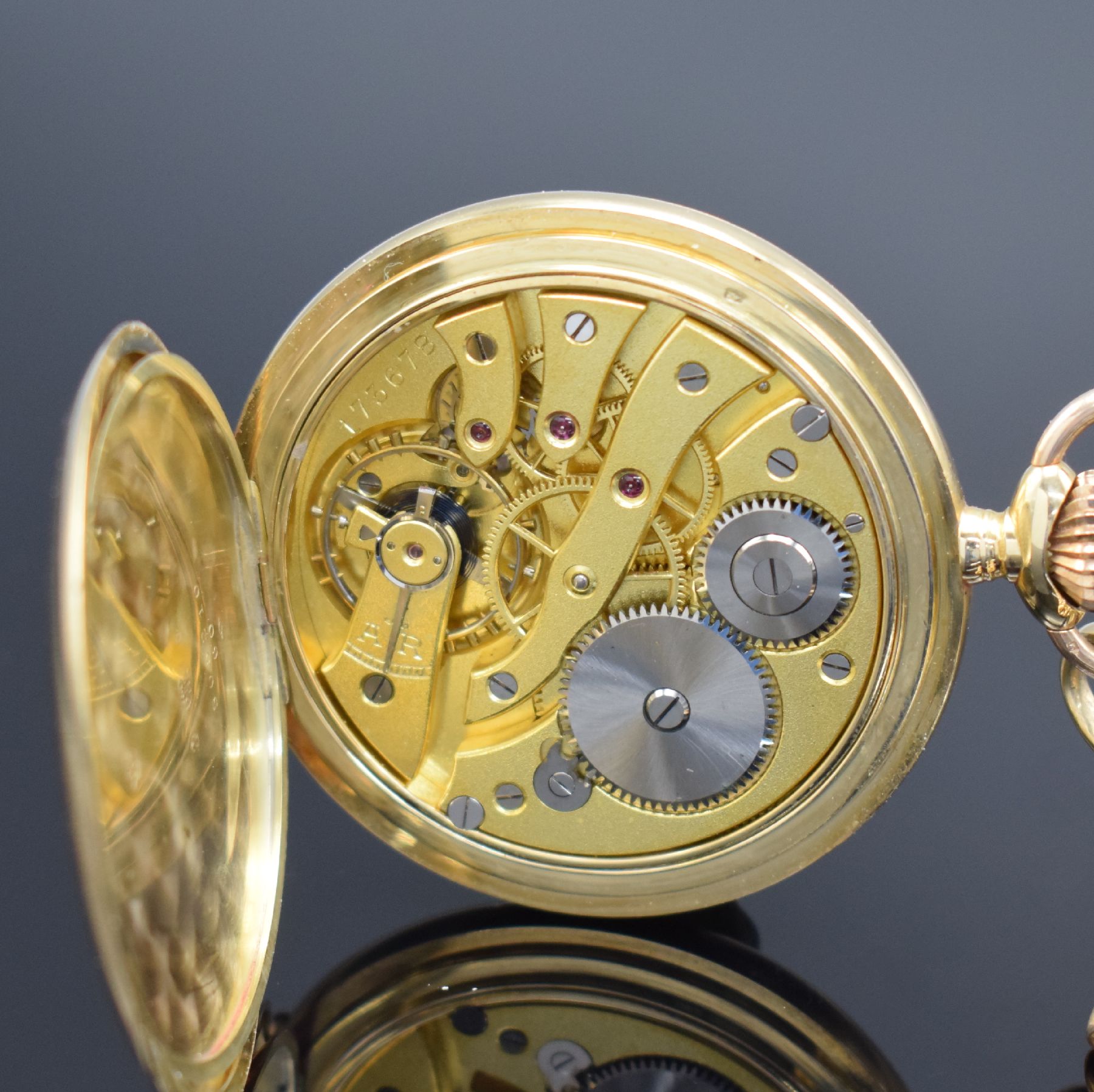 Detail g: Savonette Herrentaschenuhr in GG 585/000 an GG 585/000 Chatelaine, Schweiz um 1930, glattes 3 Deckel Goldgeh., Emailzifferbl. m. arab. Std., verg. ...
