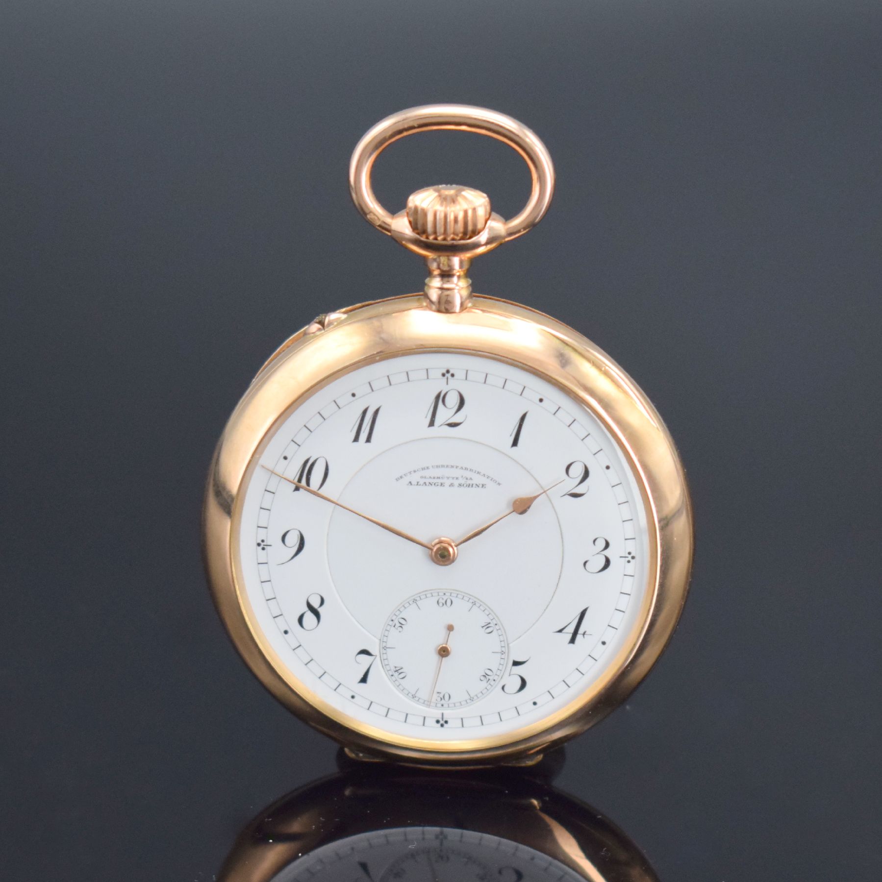 DEUTSCHE UHRENFABRIKATION GLASHÜTTE A. Lange & Söhne offene Herrentaschenuhr in RoseG 585/000, Deutschland um 1917, Werk- & Gehäusenr. 75042, ...