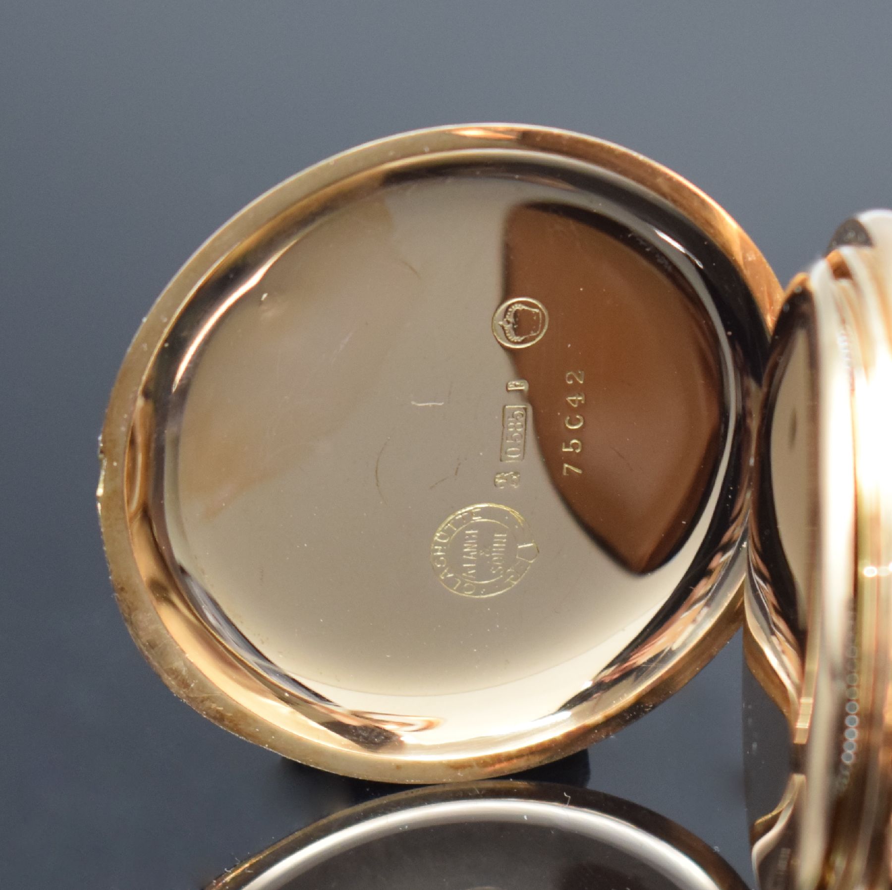 Detail b: DEUTSCHE UHRENFABRIKATION GLASHÜTTE A. Lange & Söhne offene Herrentaschenuhr in RoseG 585/000, Deutschland um 1917, Werk- & Gehäusenr. 75042, ...