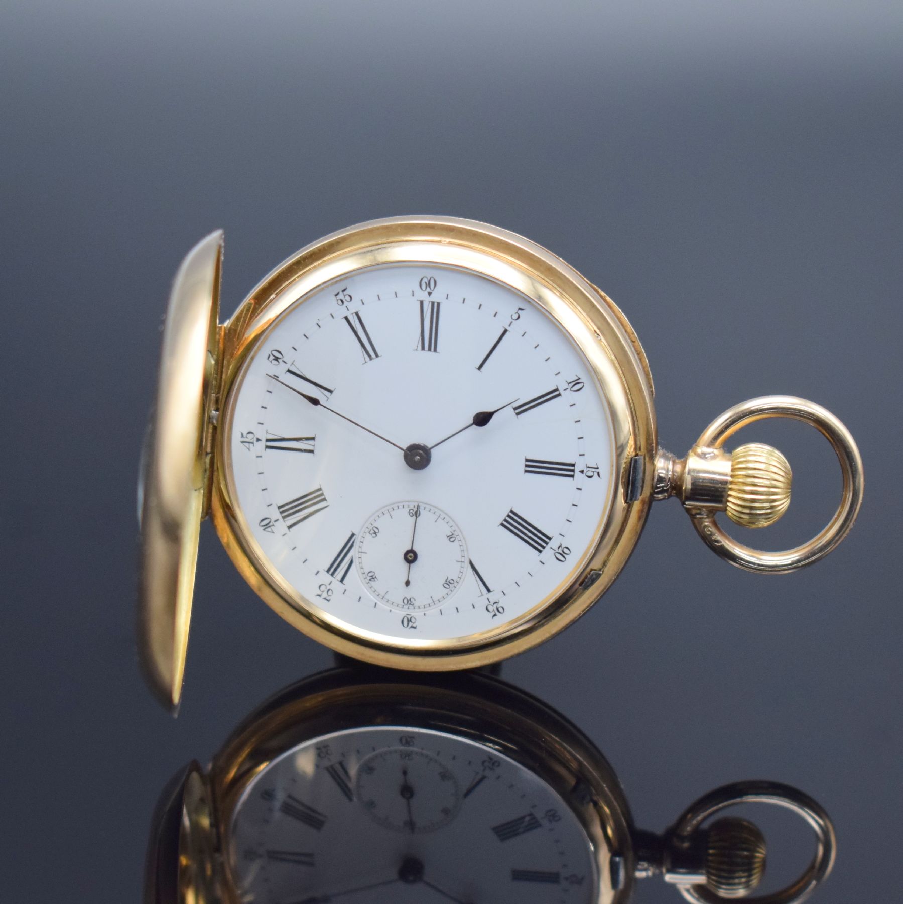 GROSJEAN FRERES Halbsavonette Herrentaschenuhr in RoseG 585/000, Schweiz um 1910, 3-Deckel Goldgeh., beide Schalen guill., Monogrammsp. frei, ...