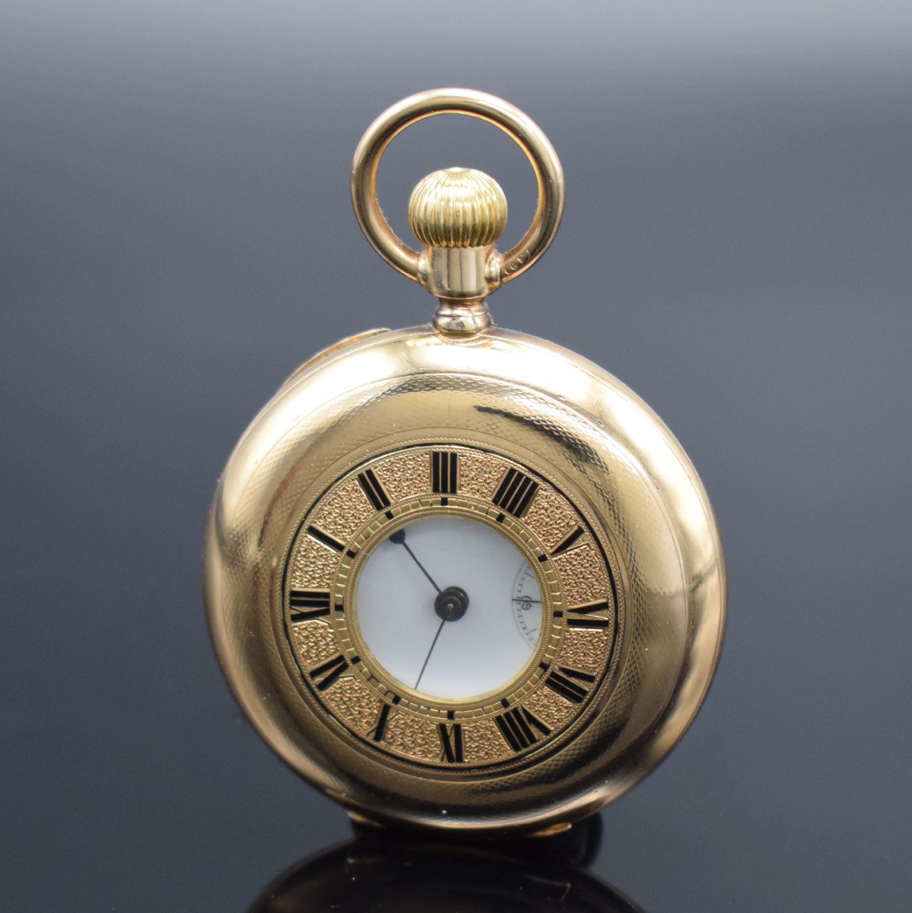 Detail b: GROSJEAN FRERES Halbsavonette Herrentaschenuhr in RoseG 585/000, Schweiz um 1910, 3-Deckel Goldgeh., beide Schalen guill., Monogrammsp. frei, ...