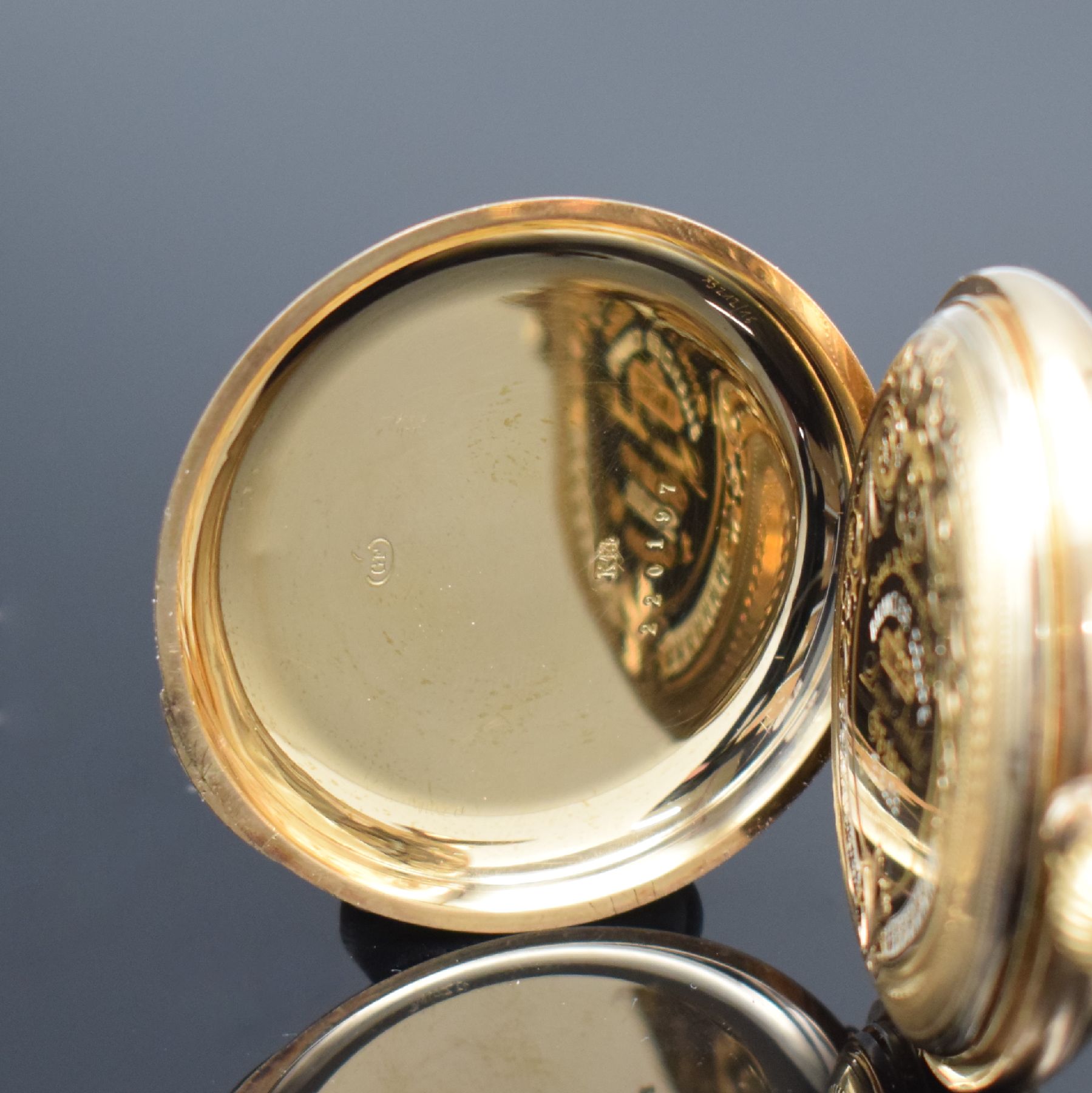 Detail d: GROSJEAN FRERES Halbsavonette Herrentaschenuhr in RoseG 585/000, Schweiz um 1910, 3-Deckel Goldgeh., beide Schalen guill., Monogrammsp. frei, ...
