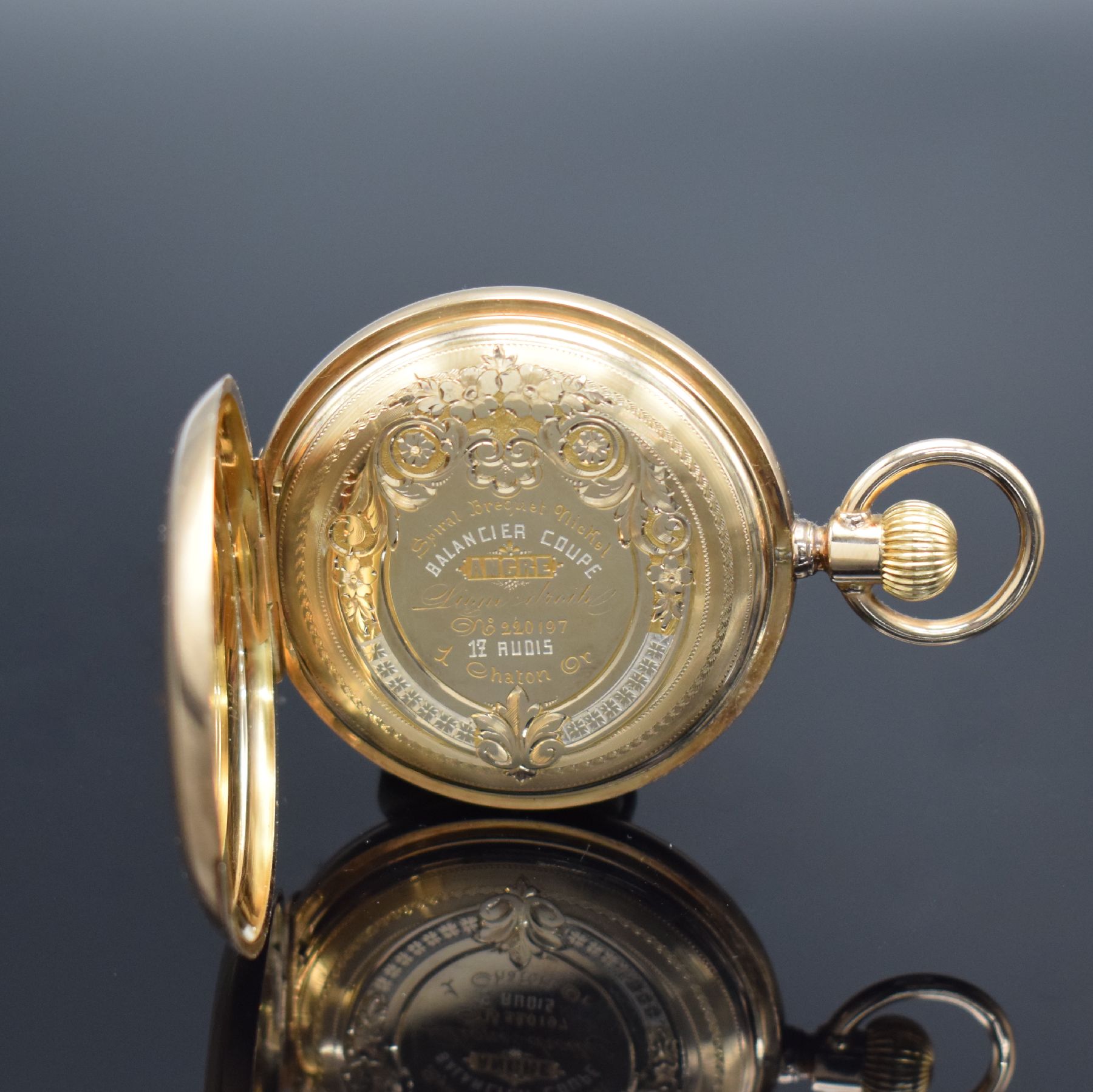 Detail e: GROSJEAN FRERES Halbsavonette Herrentaschenuhr in RoseG 585/000, Schweiz um 1910, 3-Deckel Goldgeh., beide Schalen guill., Monogrammsp. frei, ...