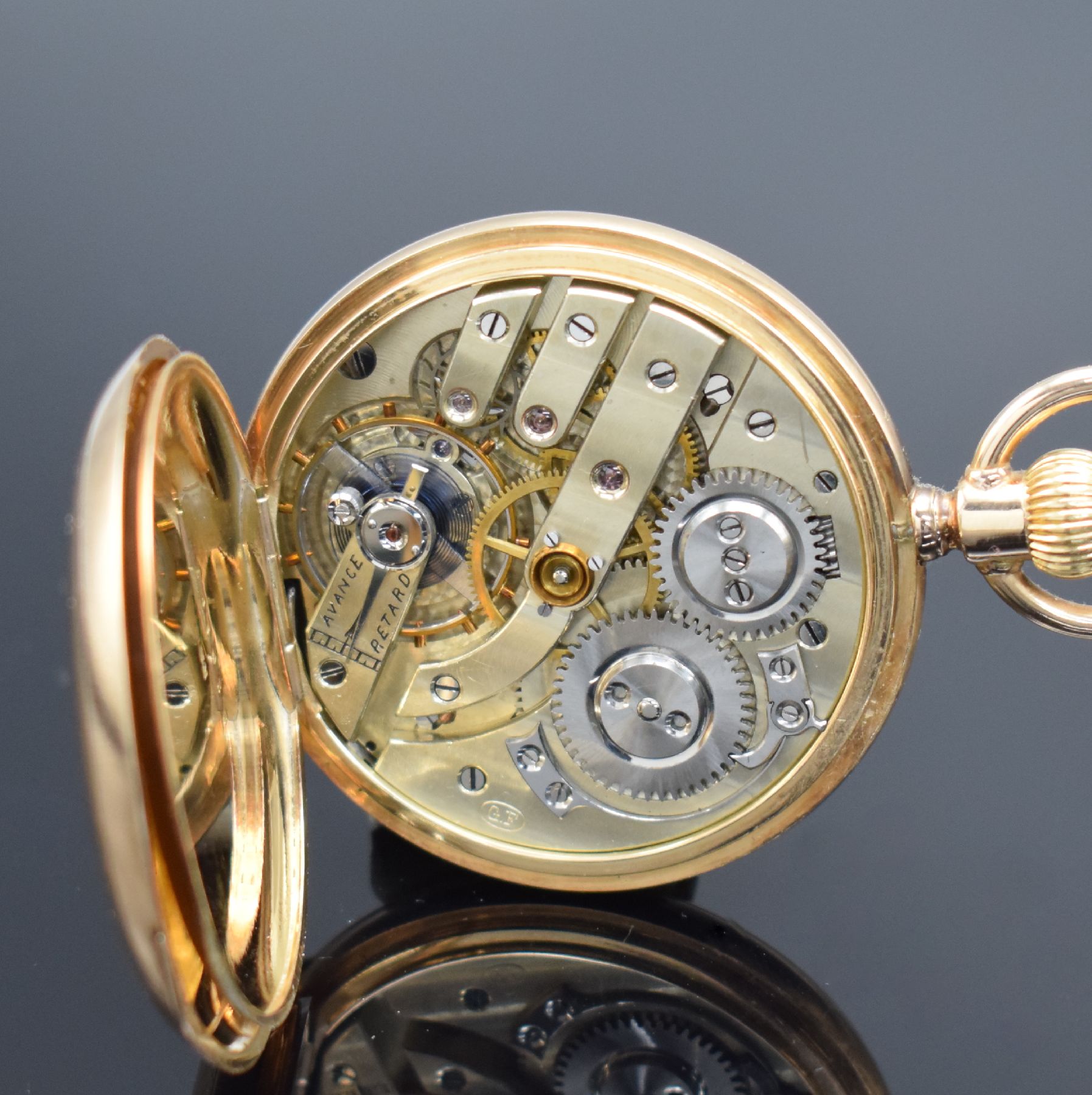 Detail g: GROSJEAN FRERES Halbsavonette Herrentaschenuhr in RoseG 585/000, Schweiz um 1910, 3-Deckel Goldgeh., beide Schalen guill., Monogrammsp. frei, ...
