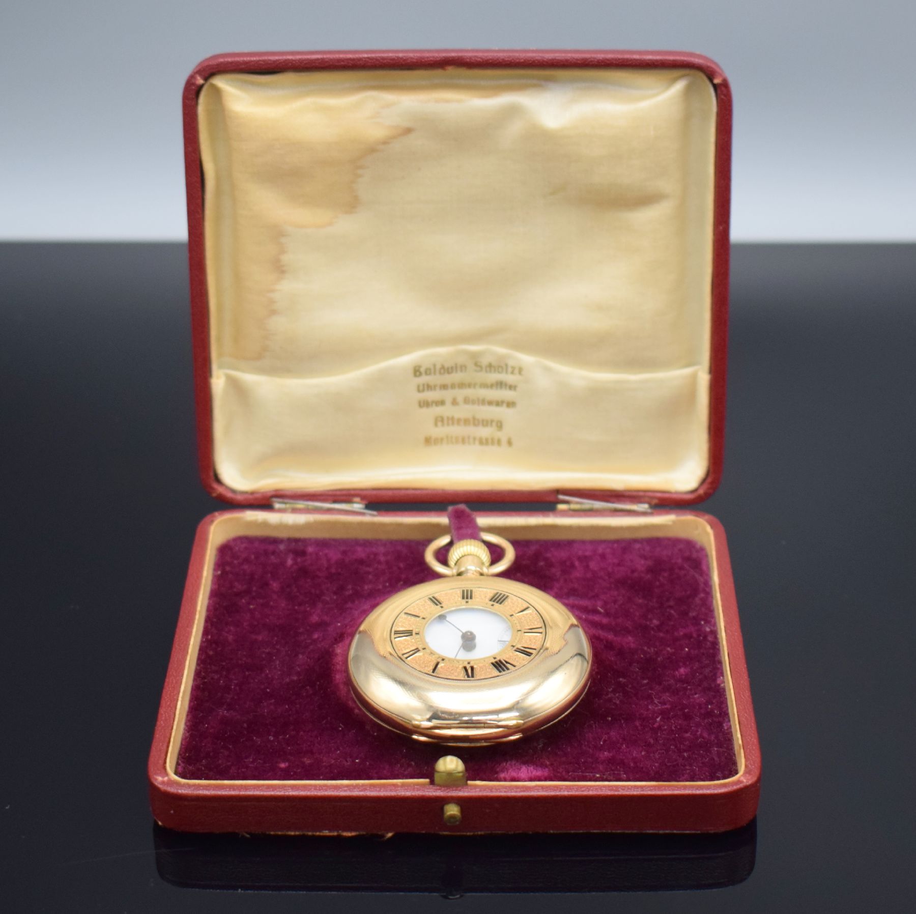 Detail h: GROSJEAN FRERES Halbsavonette Herrentaschenuhr in RoseG 585/000, Schweiz um 1910, 3-Deckel Goldgeh., beide Schalen guill., Monogrammsp. frei, ...