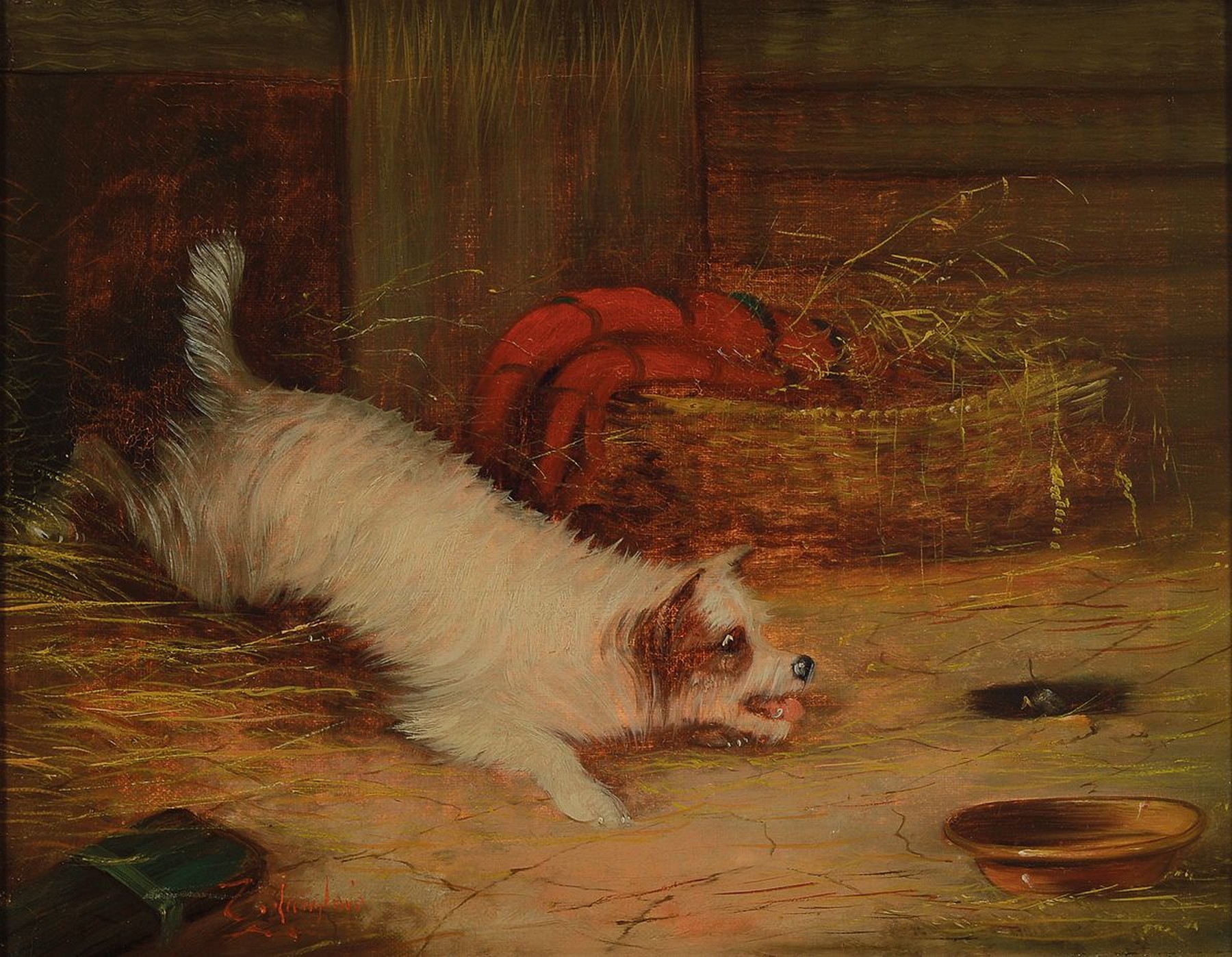 J. Langlois, um 1855-1904, Terrier einer Ratte nach springend, betitelt "A narrow escape", Öl/Lwd, links unten signiert, Rahmen, 47x58 cm