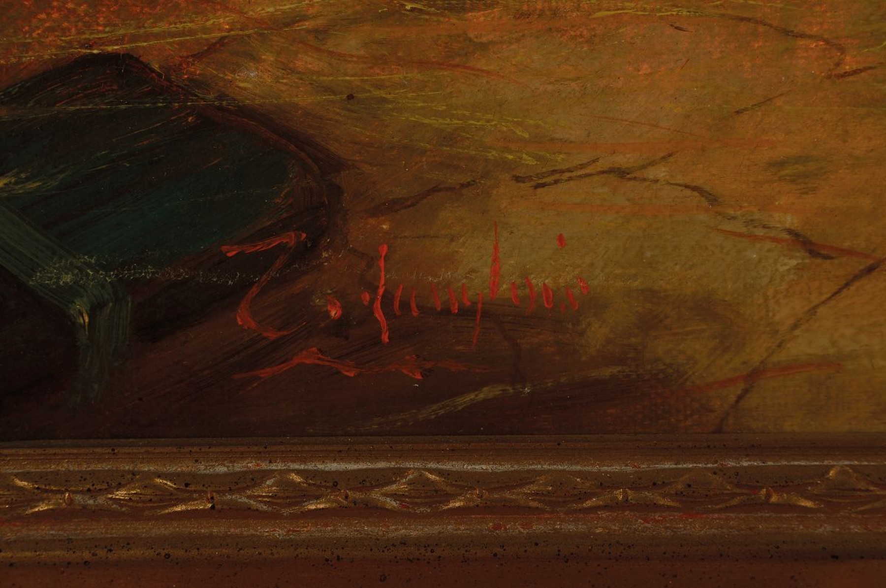 Detail a: J. Langlois, um 1855-1904, Terrier einer Ratte nach springend, betitelt "A narrow escape", Öl/Lwd, links unten signiert, Rahmen, 47x58 cm