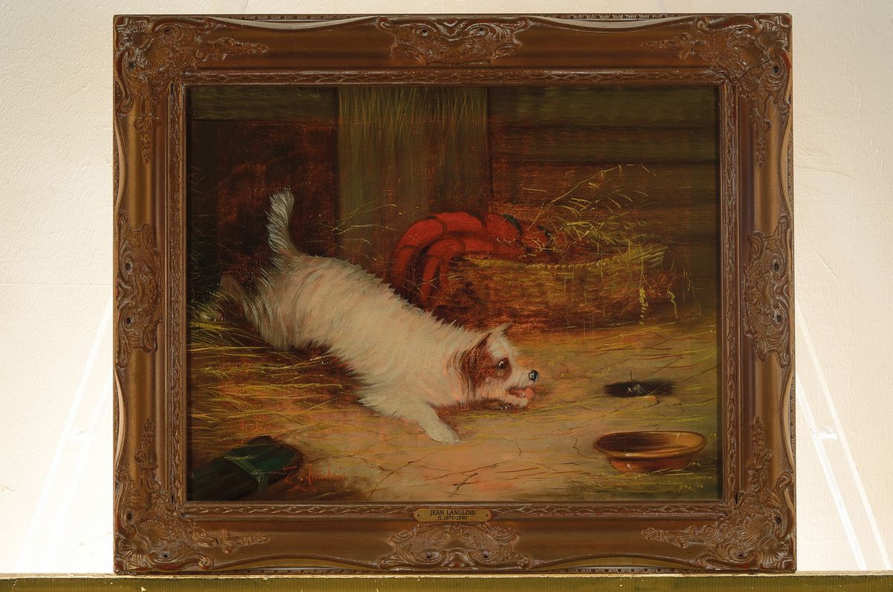 Detail k: J. Langlois, um 1855-1904, Terrier einer Ratte nach springend, betitelt "A narrow escape", Öl/Lwd, links unten signiert, Rahmen, 47x58 cm