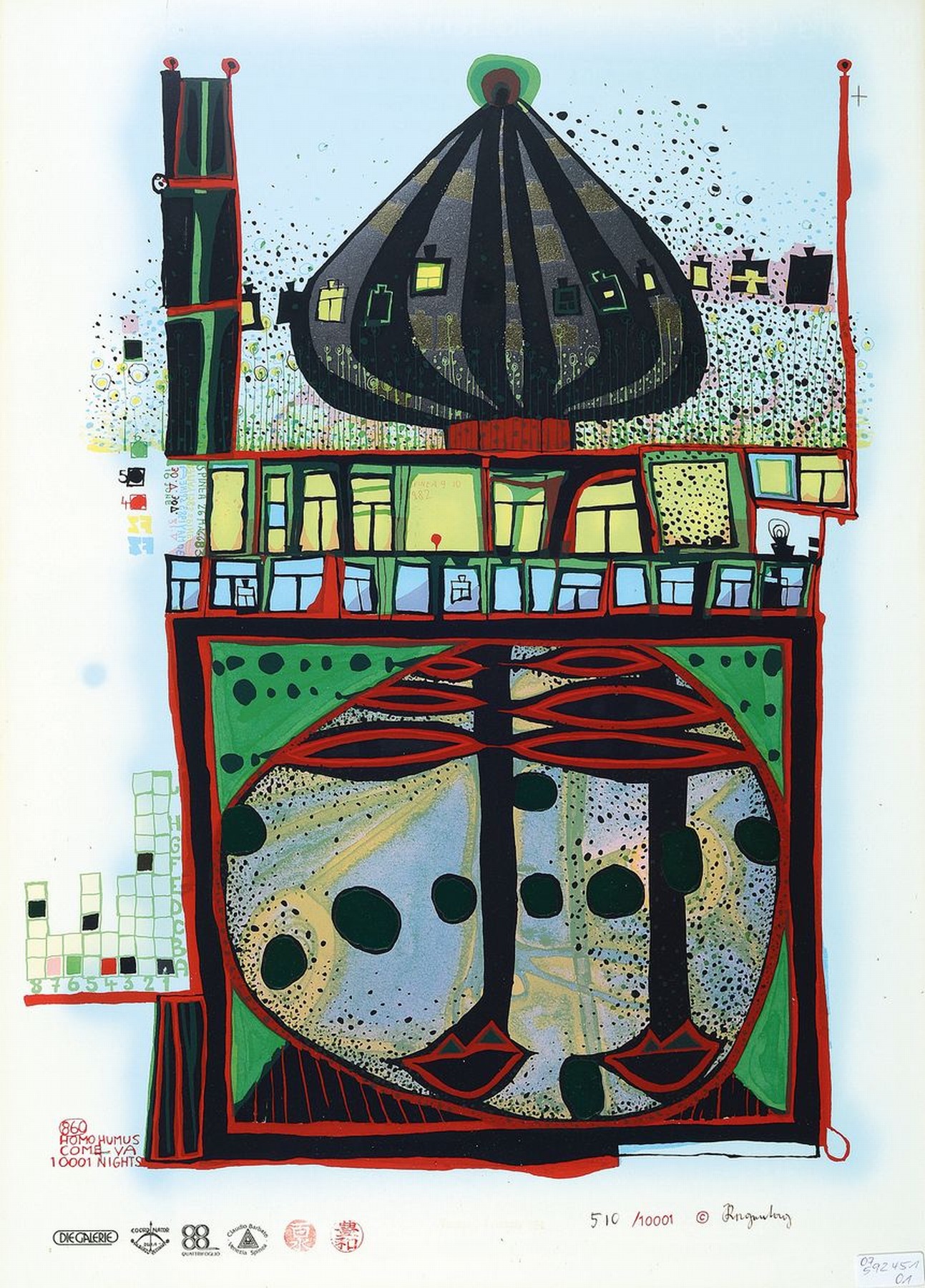 Friedensreich Hundertwasser, 1928-2000, Homo Humus Come Va, 10001 Nights, Farbserigraphie mit Metallfolienprägung, sign., num. 510/10001, ca. ...