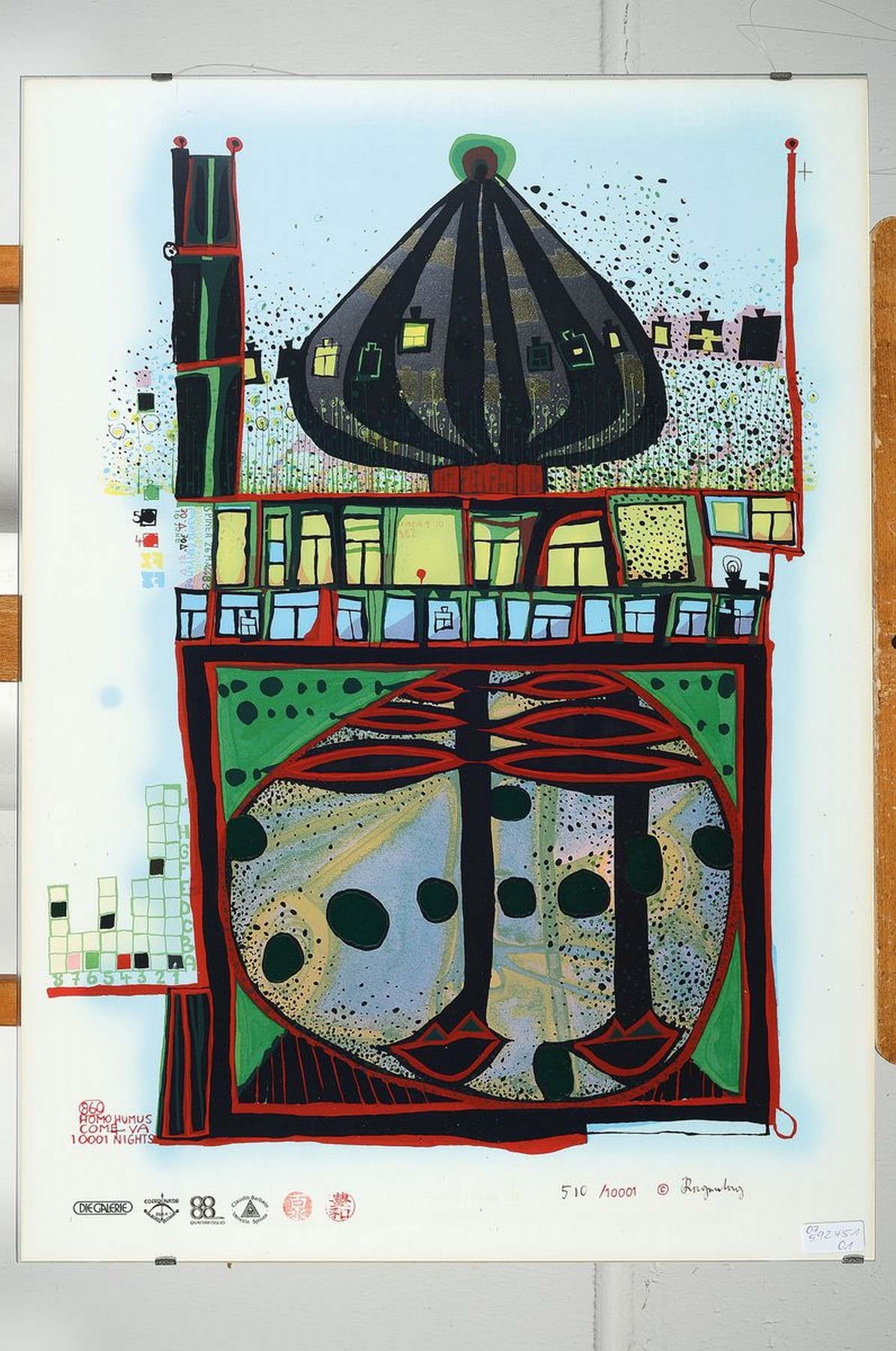 Detail k: Friedensreich Hundertwasser, 1928-2000, Homo Humus Come Va, 10001 Nights, Farbserigraphie mit Metallfolienprägung, sign., num. 510/10001, ca. ...