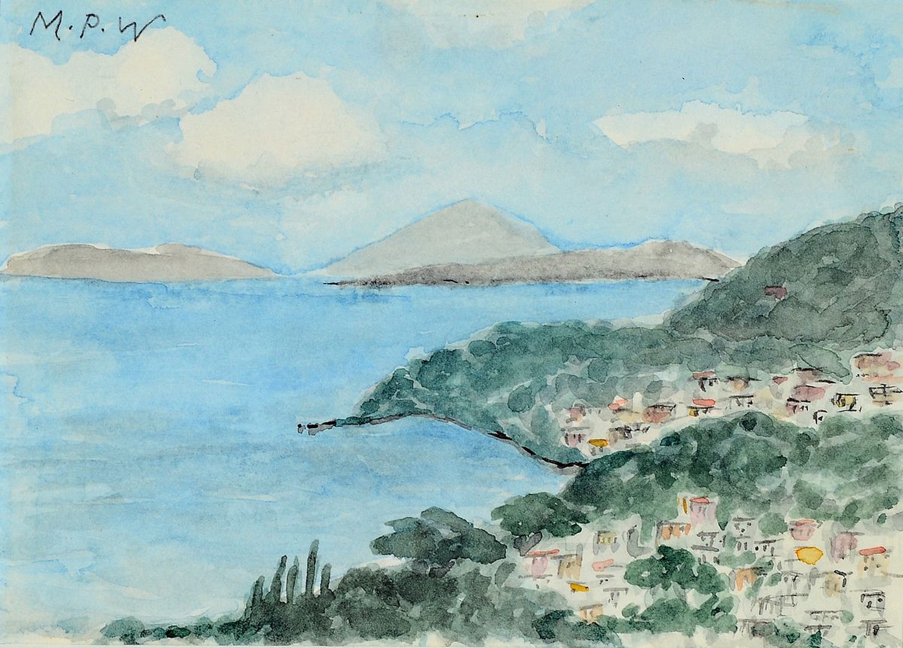 Max Peiffer-Watenphul, 1896 Weferlingen-1976 Rom, Südliche Küstenlandschaft, Aquarell auf Papier, links oben monogr. M.P.W, ca. 10x14cm, PP, u.Gl., ...