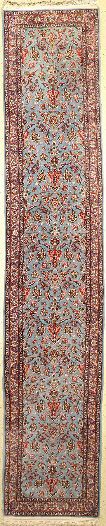 Esfahan fein, Persien, um 1960, Korkwolle auf Seide, ca. 400 x 80 cm, ca. 1,0 Mio. Kn/qm, EHZ: 2, (Mottenfraß am den Rändern)