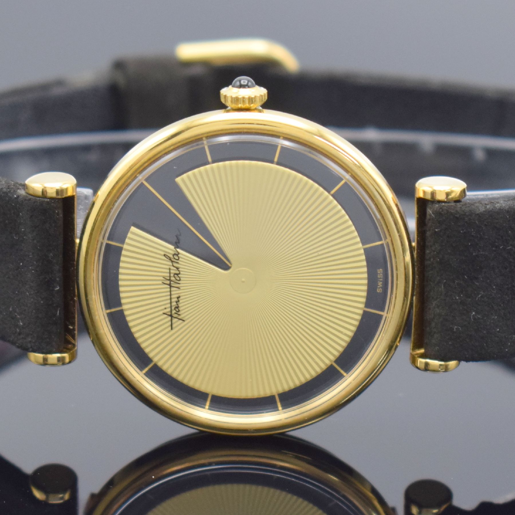 Detail b: TIAN HARLAN / CHROMACHRON seltene Armbanduhr mit ausgefallener Anzeige, Schweiz um 1978, Handaufzug, verg. Geh., Stahlboden gedr., Schmuckkrone, ...