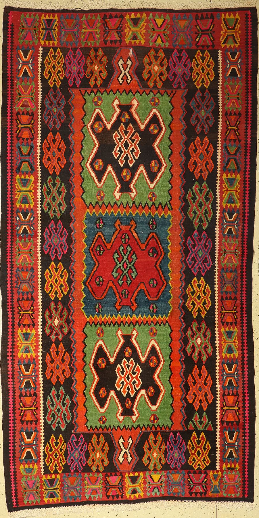 Azeri Kelim, Azerbaijan, ca. 60 Jahre, Wolle auf Baumwolle, ca. 340 x 175 cm, EHZ: 2-3, (kleines Loch)