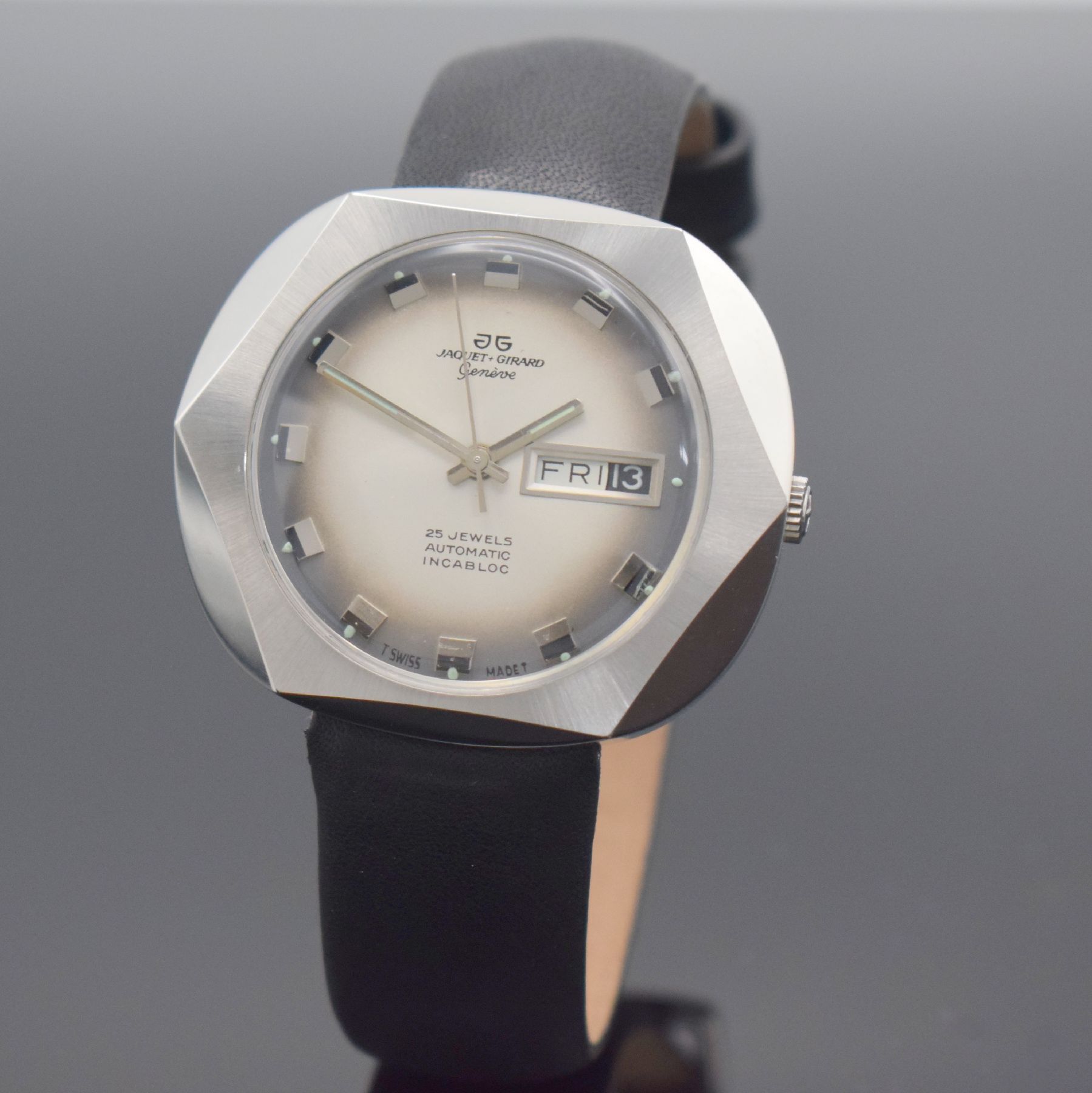 JAQUET + GIRARD Geneve ausgefallene Herrenarmbanduhr in Edelstahl, Schweiz um 1970, Automatik, 6-eckiges Monocoque-Geh., silbernes Fume-Zifferbl., ...