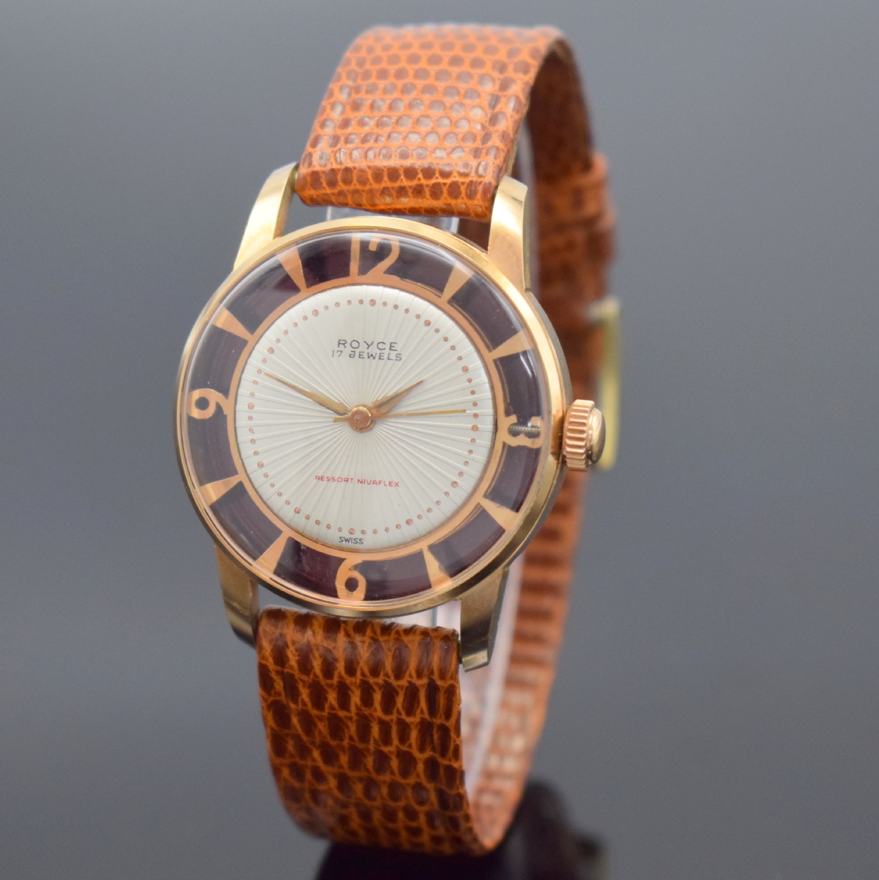 ROYCE Cocktail-Watch ausgefallene Armbanduhr, Schweiz um 1960, Handaufzug, verg. durchbr. Gehäuse, vergl. Stahlboden geschr., silb. Zifferbl. m. ...